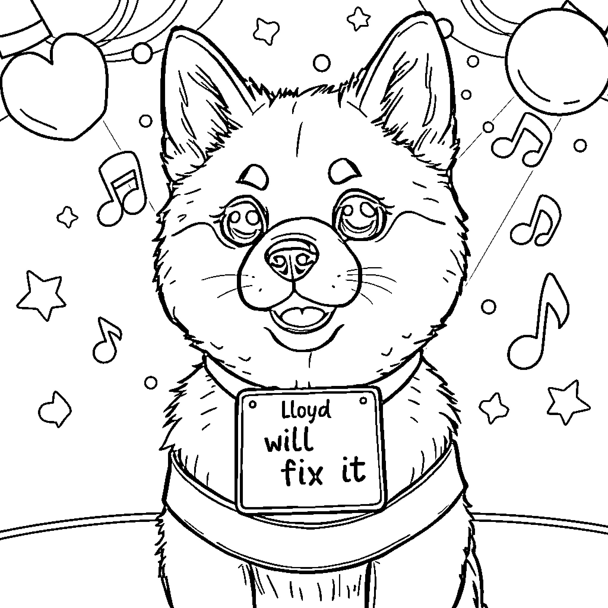 Akita dog with optimistic expression and musical notes Coloring Page (free black-and-white line drawing printable PDF for all, from beginners to advanced learners, including children, teens, adults, and seniors)