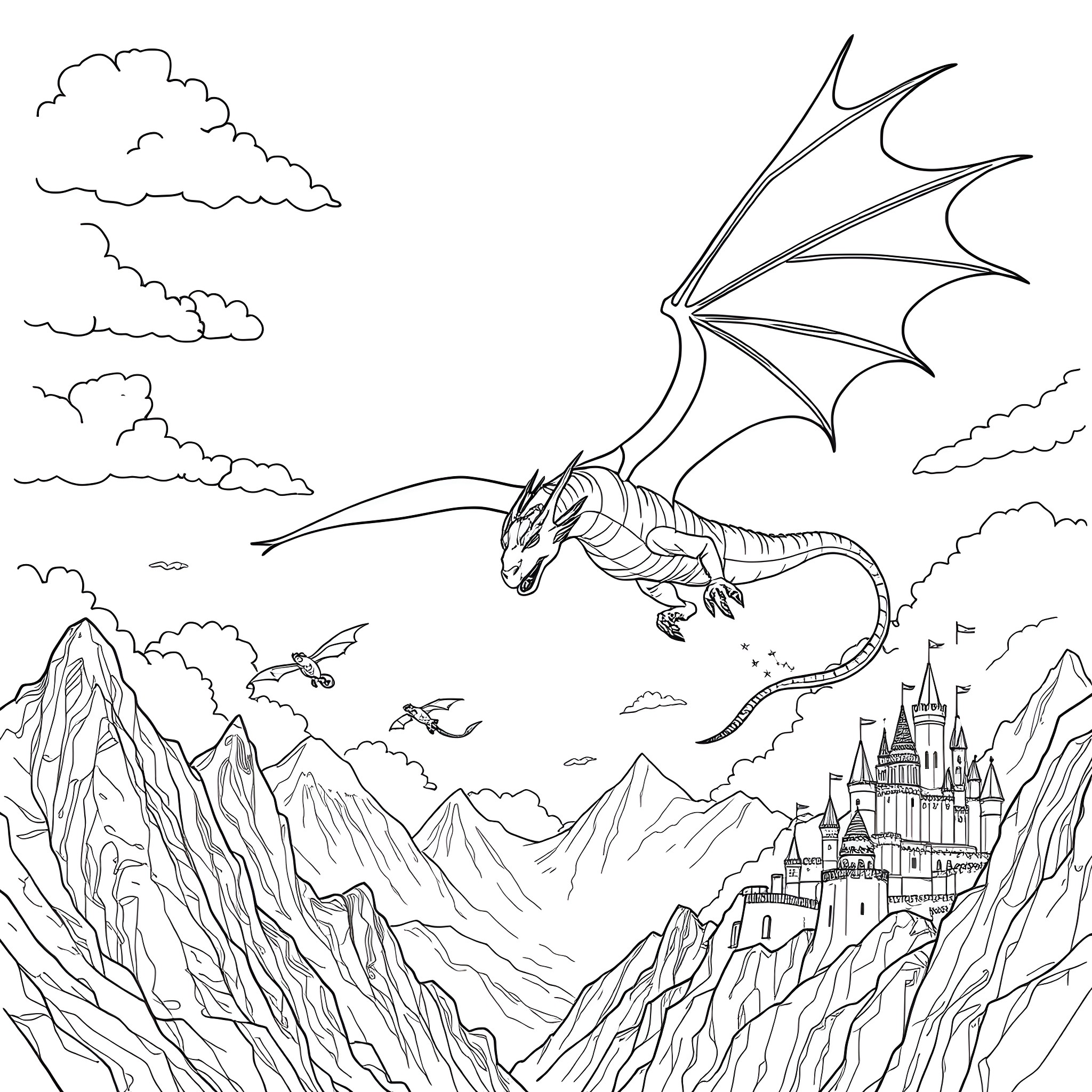 Dragon soaring over a fantasy landscape Coloring Page (free black-and-white line drawing printable PDF for all, from beginners to advanced learners, including children, teens, adults, and seniors)