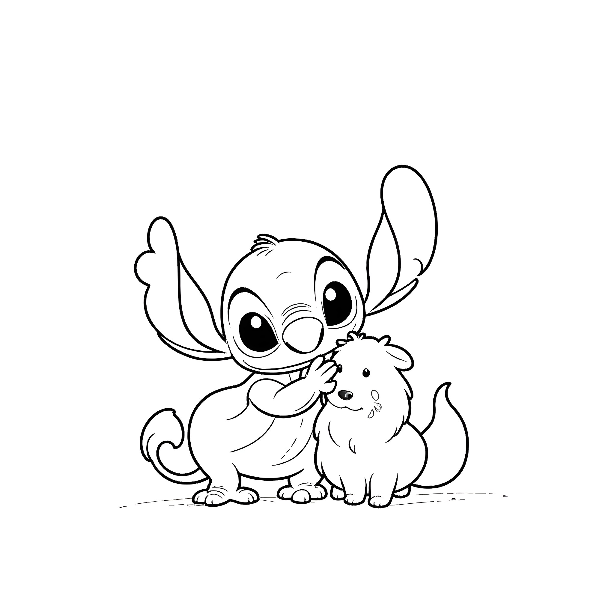 Stitch playing with a cute pet Coloring Page (free black-and-white line drawing printable PDF for all, from beginners to advanced learners, including children, teens, adults, and seniors)