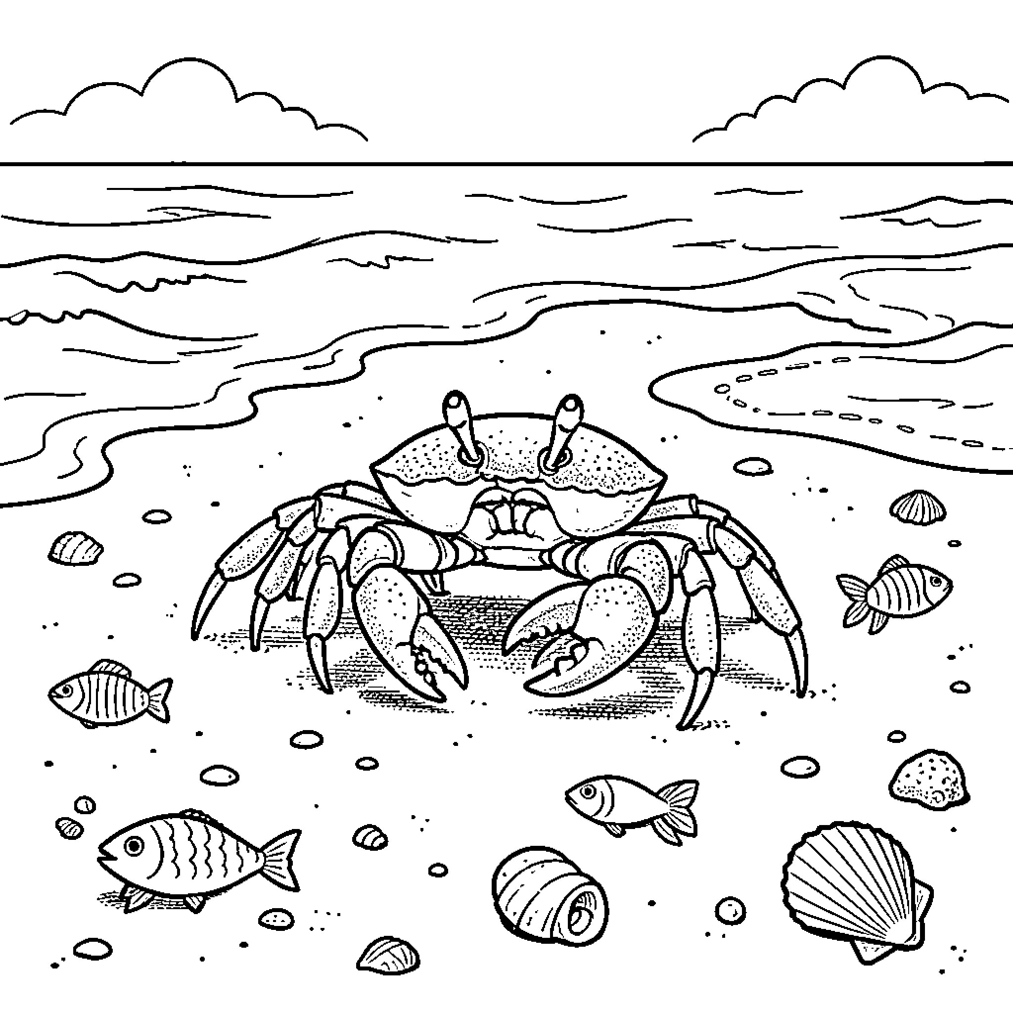 Crab sitting on a beach surrounded by sea life Coloring Page (free black-and-white line drawing printable PDF for all, from beginners to advanced learners, including children, teens, adults, and seniors)