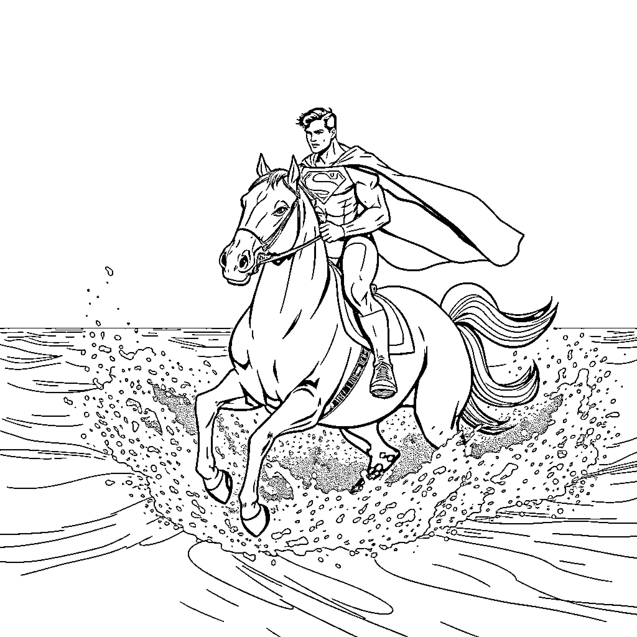 Superman riding a galloping horse through the waves Coloring Page (free black-and-white line drawing printable PDF for all, from beginners to advanced learners, including children, teens, adults, and seniors)