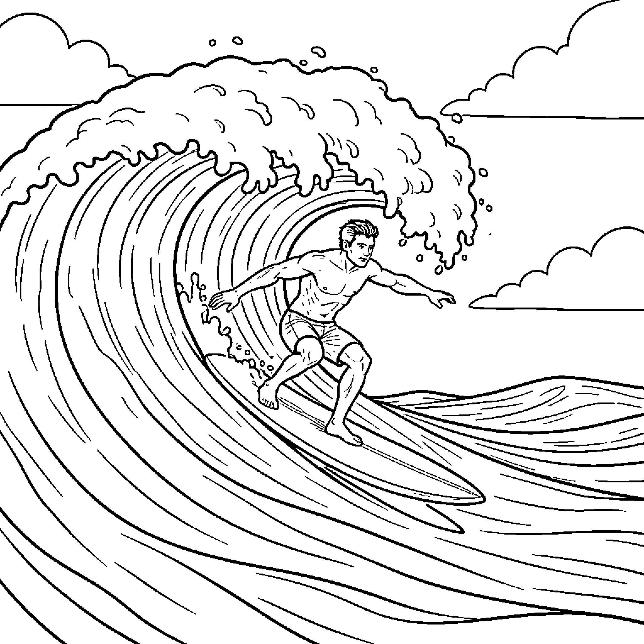 Surfista riding massive wave Coloring Page (free black-and-white line drawing printable PDF for all, from beginners to advanced learners, including children, teens, adults, and seniors)