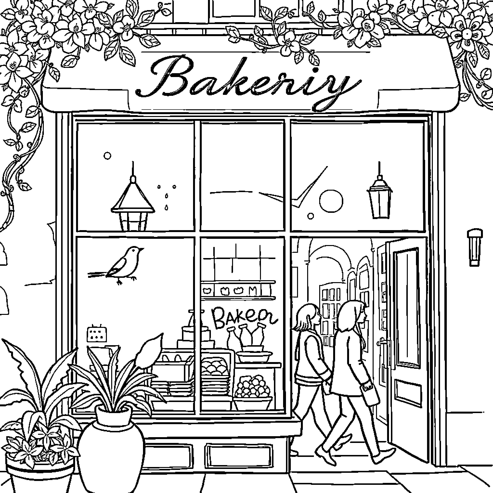 Bakery with Floral Decor and Passersby Coloring Page (free black-and-white line drawing printable PDF for all, from beginners to advanced learners, including children, teens, adults, and seniors)