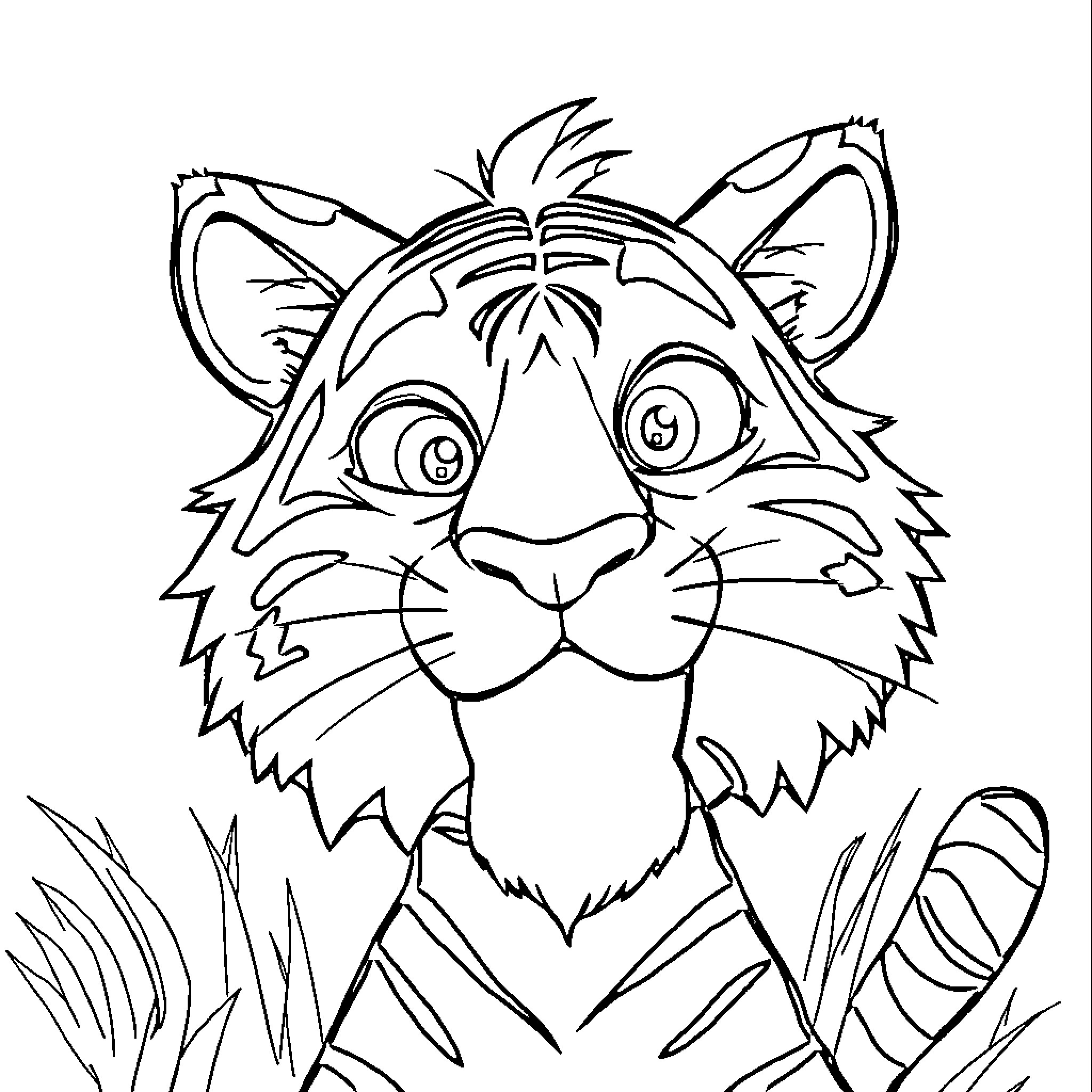 Tiger peeking through the bushes Coloring Page (free black-and-white line drawing printable PDF for all, from beginners to advanced learners, including children, teens, adults, and seniors)