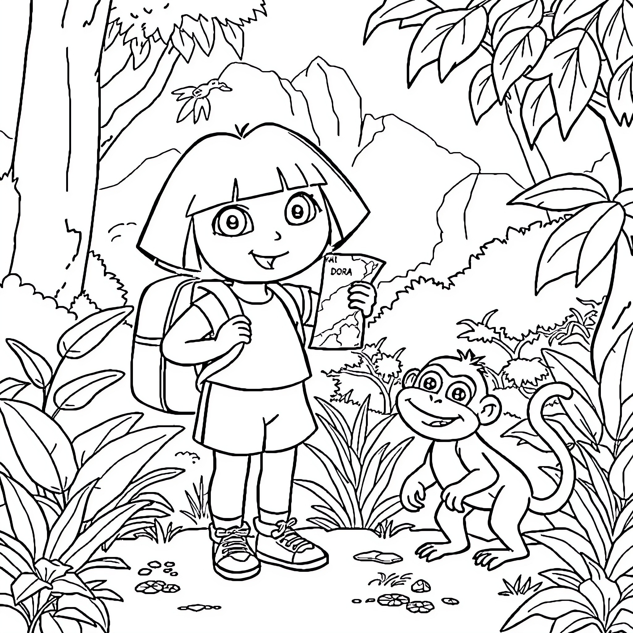 Dora's Jungle Adventure with Boots Coloring Page (free black-and-white line drawing printable PDF for all, from beginners to advanced learners, including children, teens, adults, and seniors)