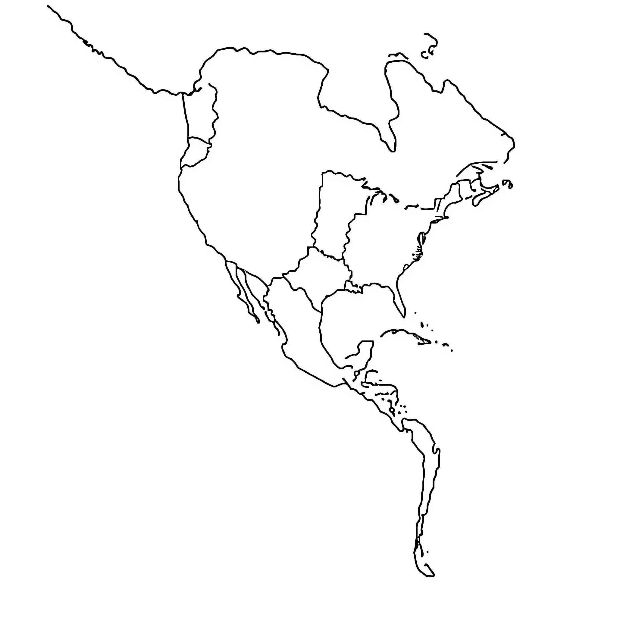 Map of the Americas in outline Coloring Page (free black-and-white line drawing printable PDF for all, from beginners to advanced learners, including children, teens, adults, and seniors)