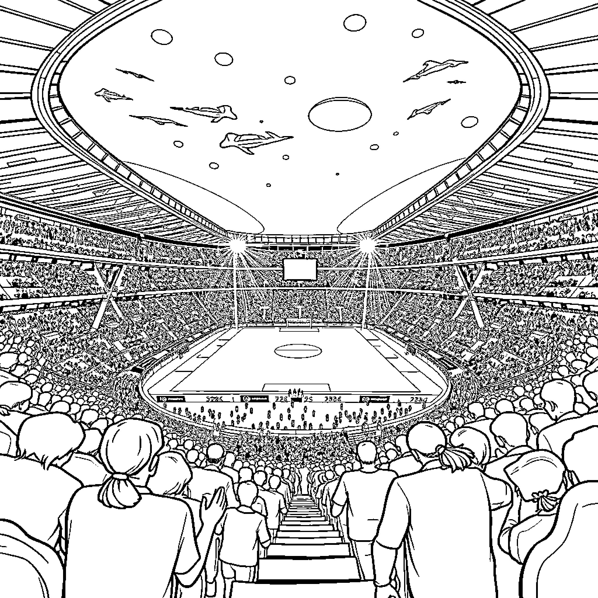 Stadium filled with enthusiastic spectators Coloring Page (free black-and-white line drawing printable PDF for all, from beginners to advanced learners, including children, teens, adults, and seniors)