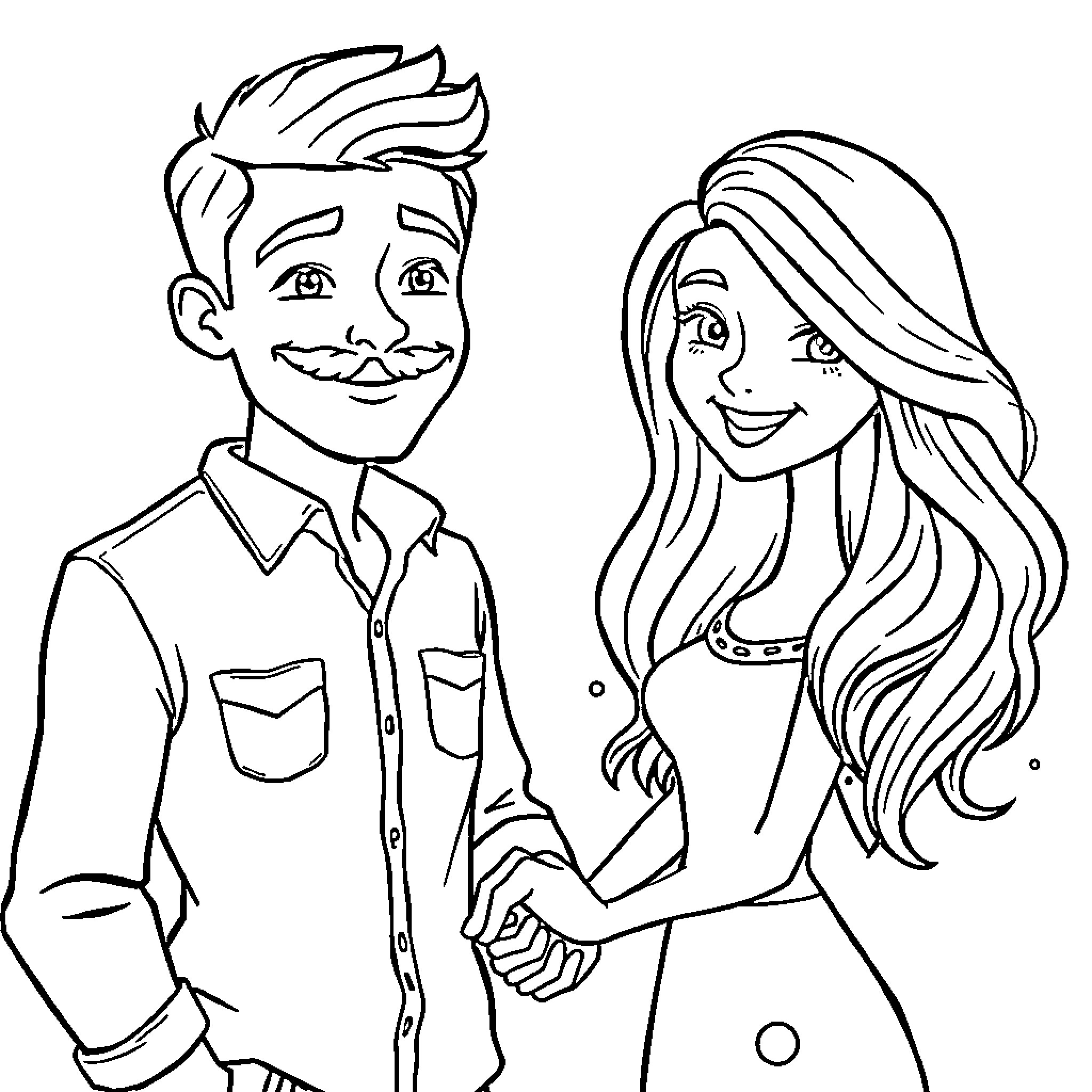 Young Couple Holding Hands and Smiling Coloring Page (free black-and-white line drawing printable PDF for all, from beginners to advanced learners, including children, teens, adults, and seniors)