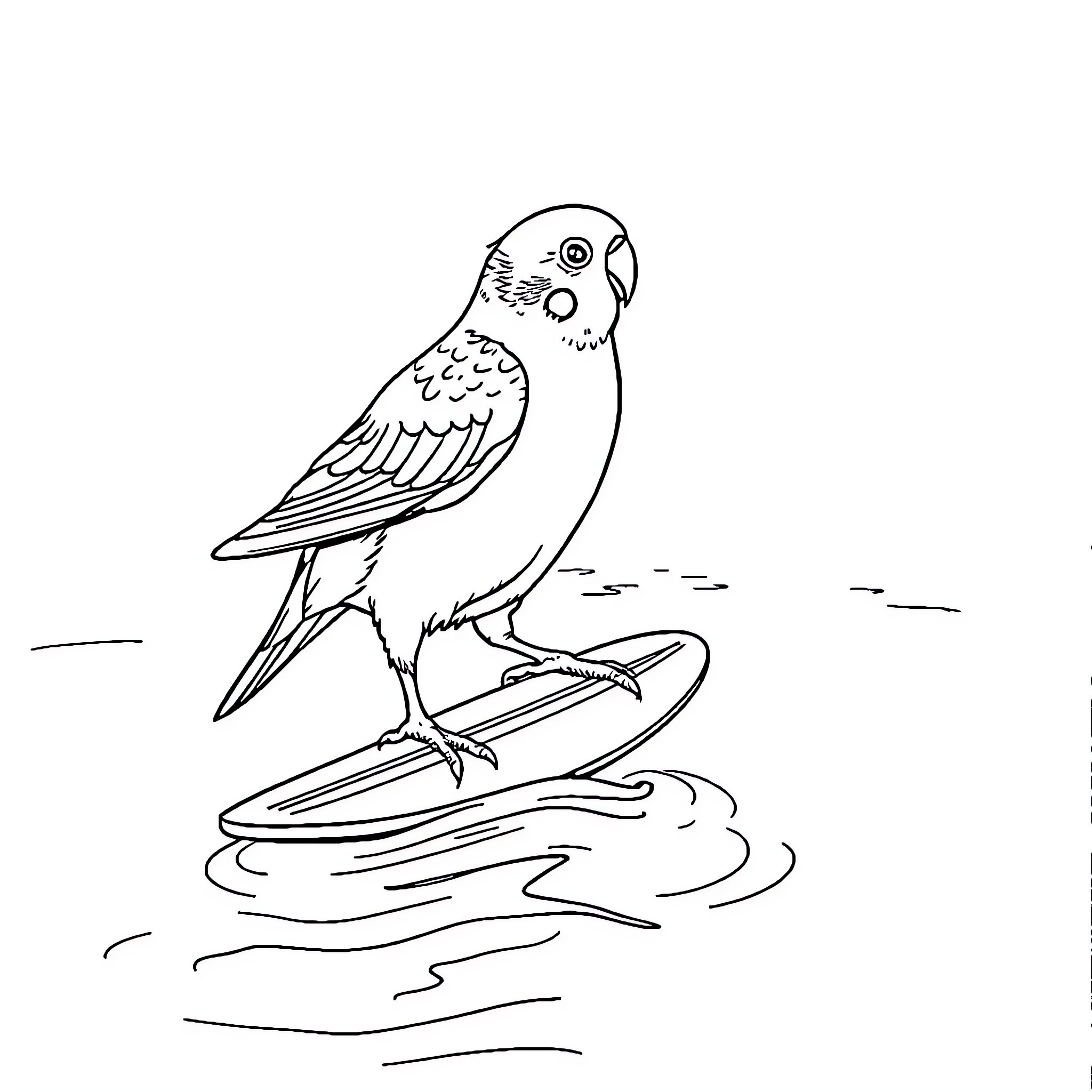 Budgie perched on a surfboard in the water Coloring Page (free black-and-white line drawing printable PDF for all, from beginners to advanced learners, including children, teens, adults, and seniors)