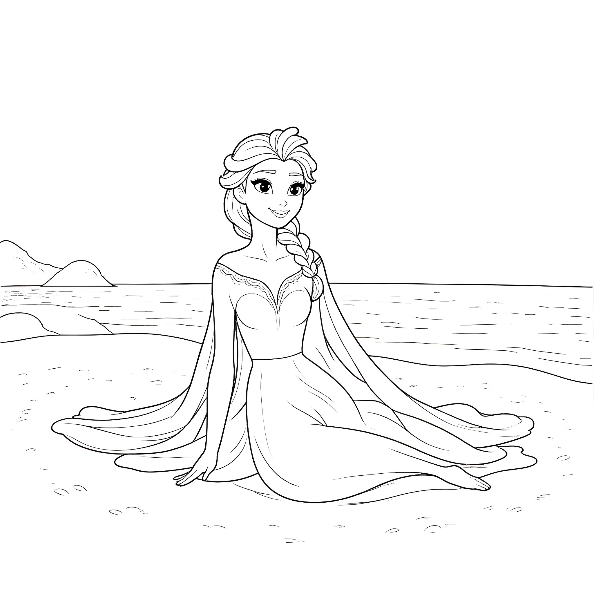 Elsa in a serene winter landscape Coloring Page (free black-and-white line drawing printable PDF for all, from beginners to advanced learners, including children, teens, adults, and seniors)
