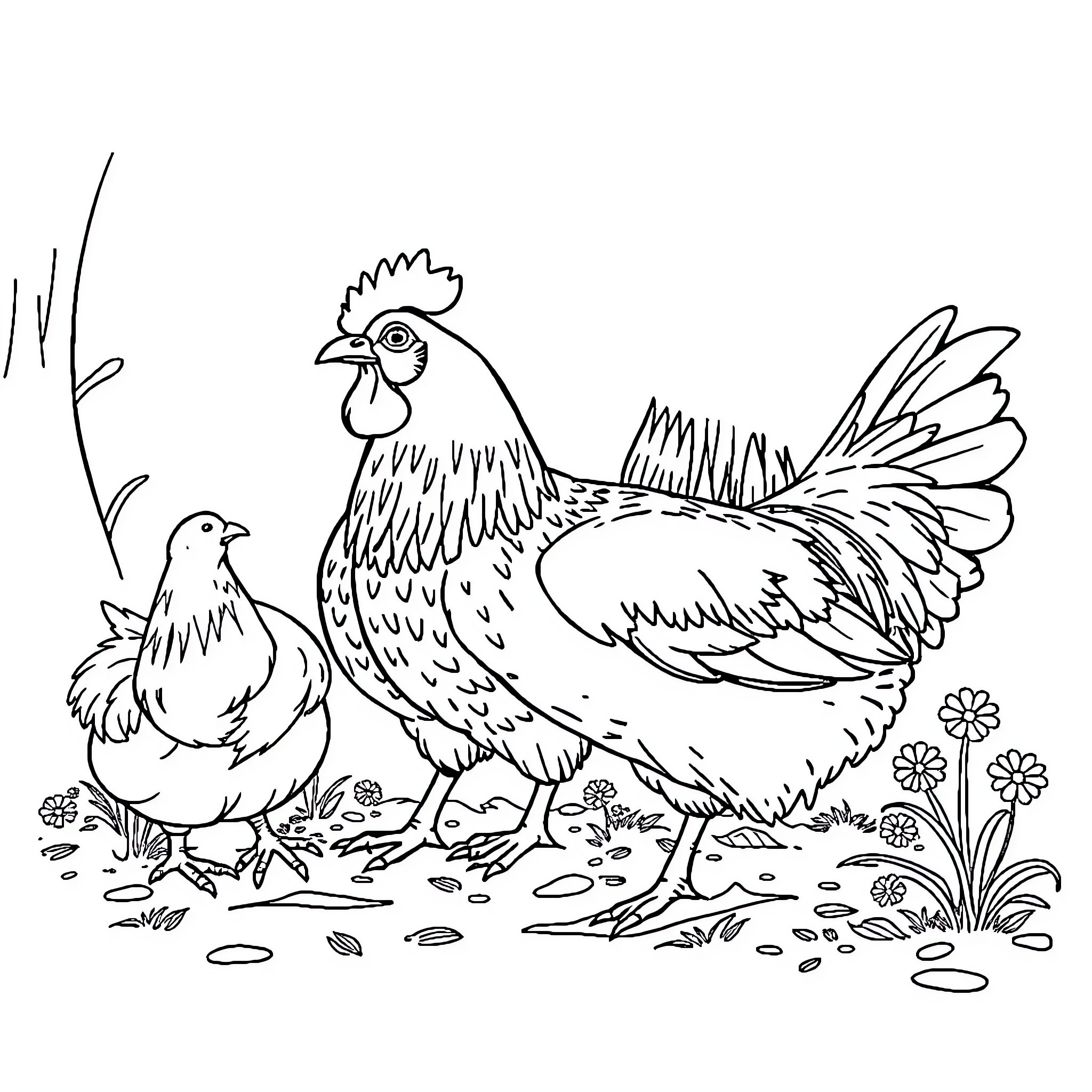 Chicken and chick in natural setting Coloring Page (free black-and-white line drawing printable PDF for all, from beginners to advanced learners, including children, teens, adults, and seniors)