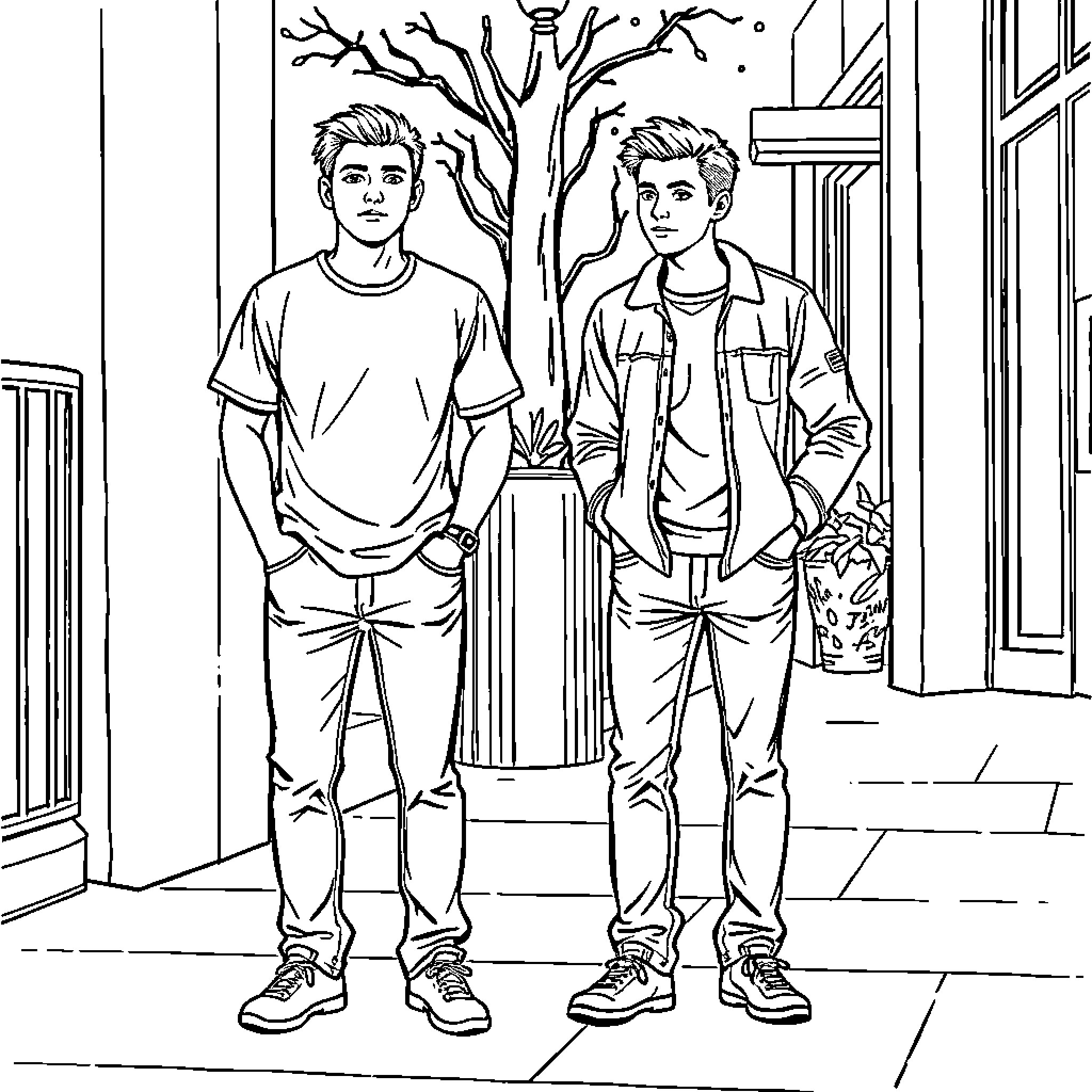 Guy Friends Casually Standing Outdoors Coloring Page (free black-and-white line drawing printable PDF for all, from beginners to advanced learners, including children, teens, adults, and seniors)