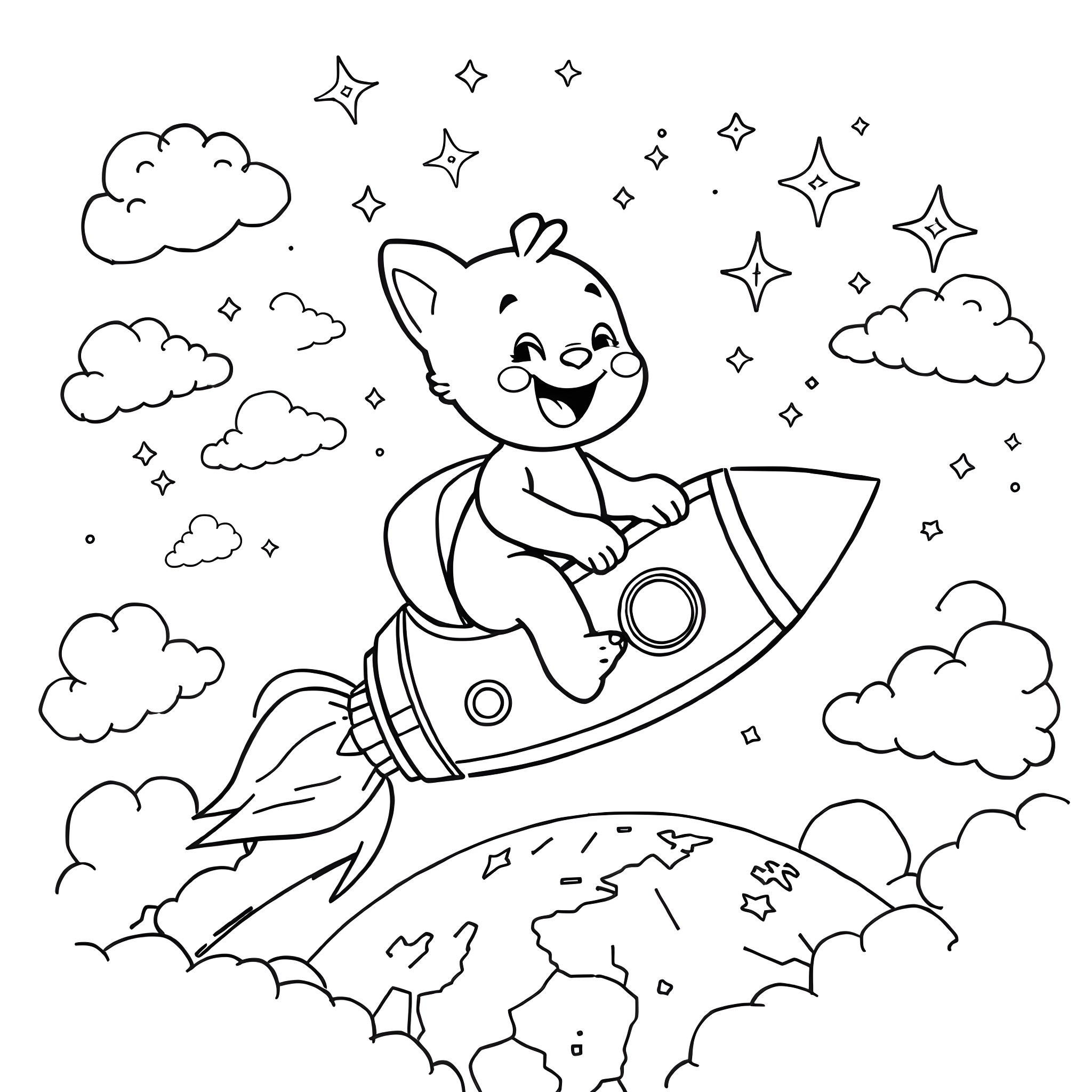 Bluey's Cosmic Adventure Coloring Page (free black-and-white line drawing printable PDF for all, from beginners to advanced learners, including children, teens, adults, and seniors)