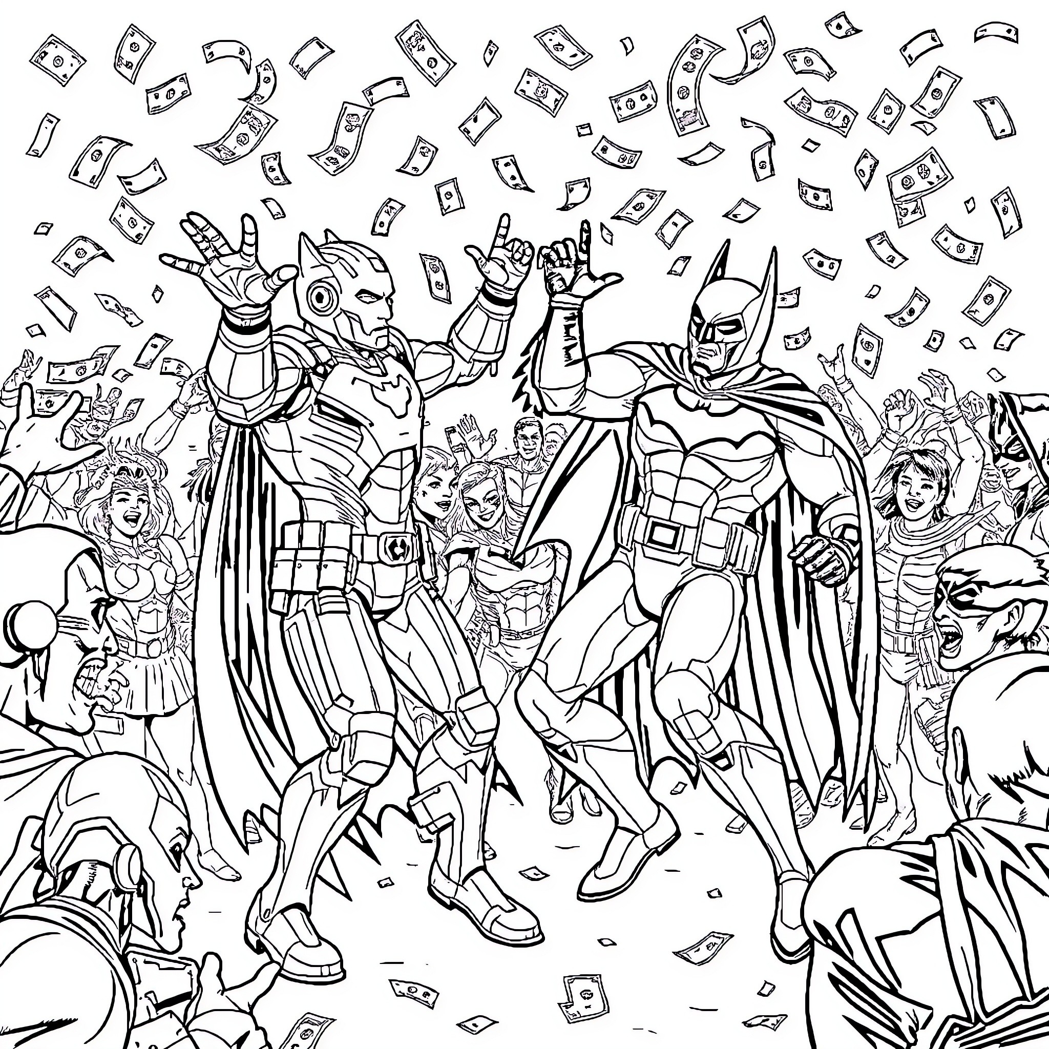 Iron Man and Superheroes in Action Packed Scene Coloring Page (free black-and-white line drawing printable PDF for all, from beginners to advanced learners, including children, teens, adults, and seniors)