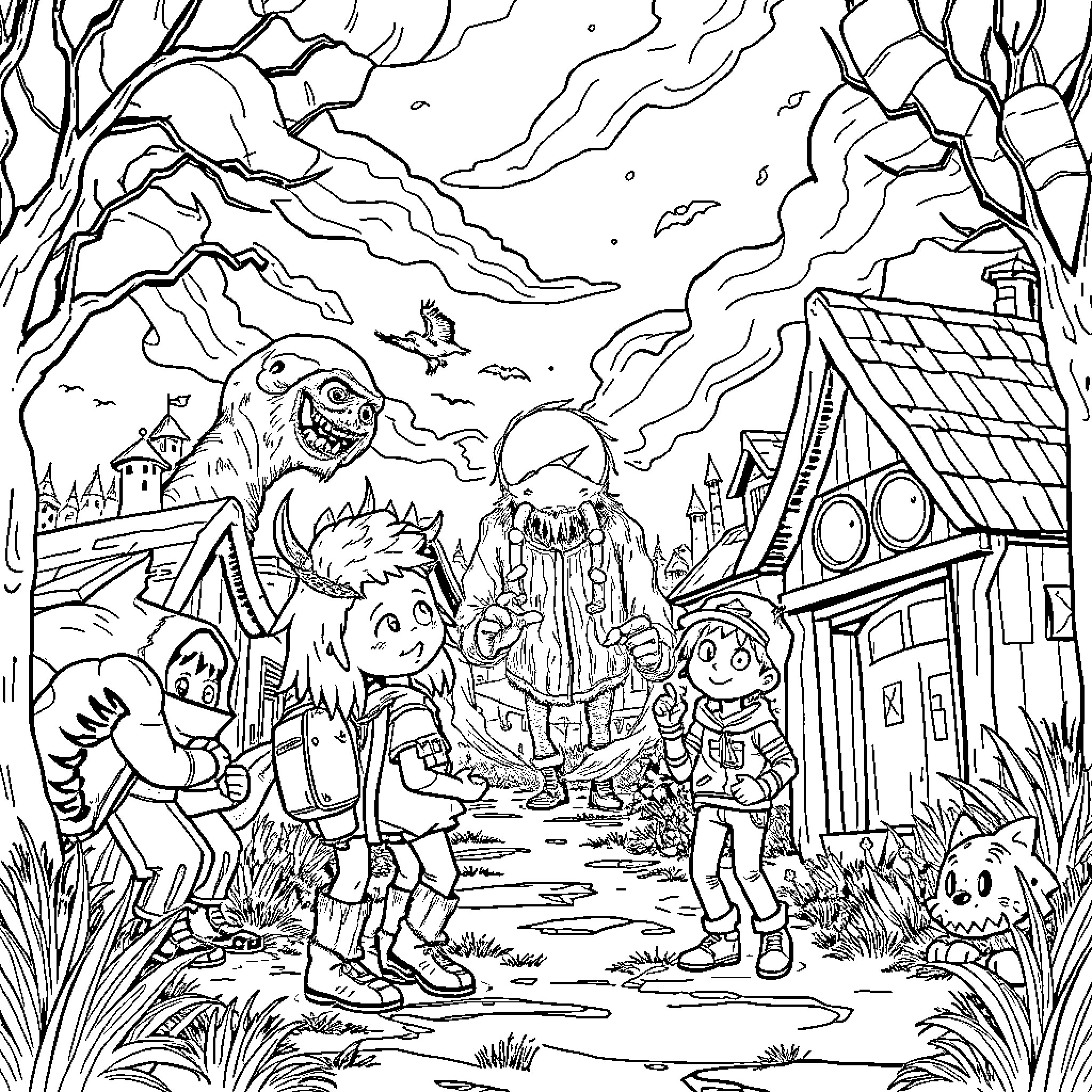 Stranger Things in the Spooky Forest Coloring Page (free black-and-white line drawing printable PDF for all, from beginners to advanced learners, including children, teens, adults, and seniors)
