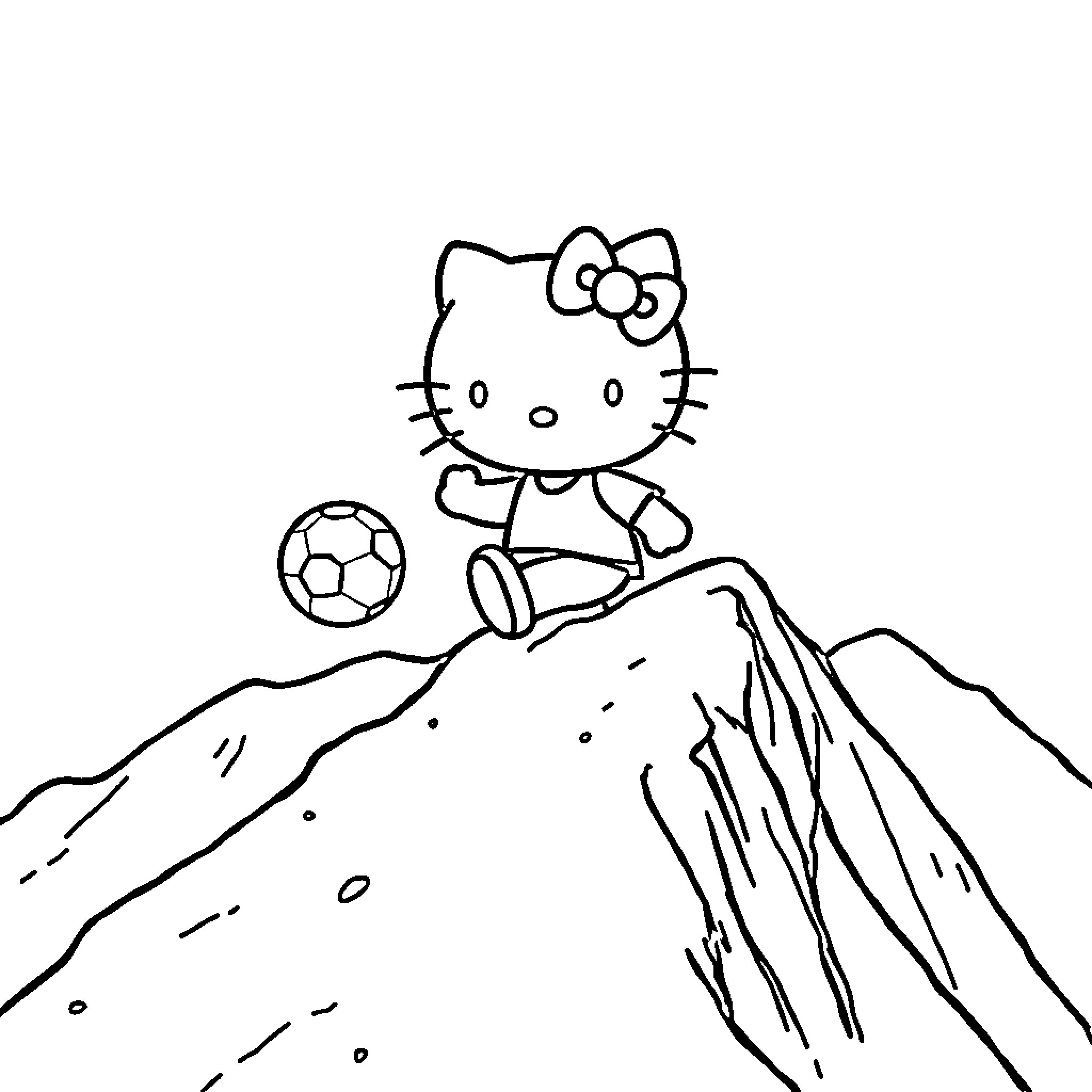 Hello Kitty playing soccer on the mountain Coloring Page (free black-and-white line drawing printable PDF for all, from beginners to advanced learners, including children, teens, adults, and seniors)