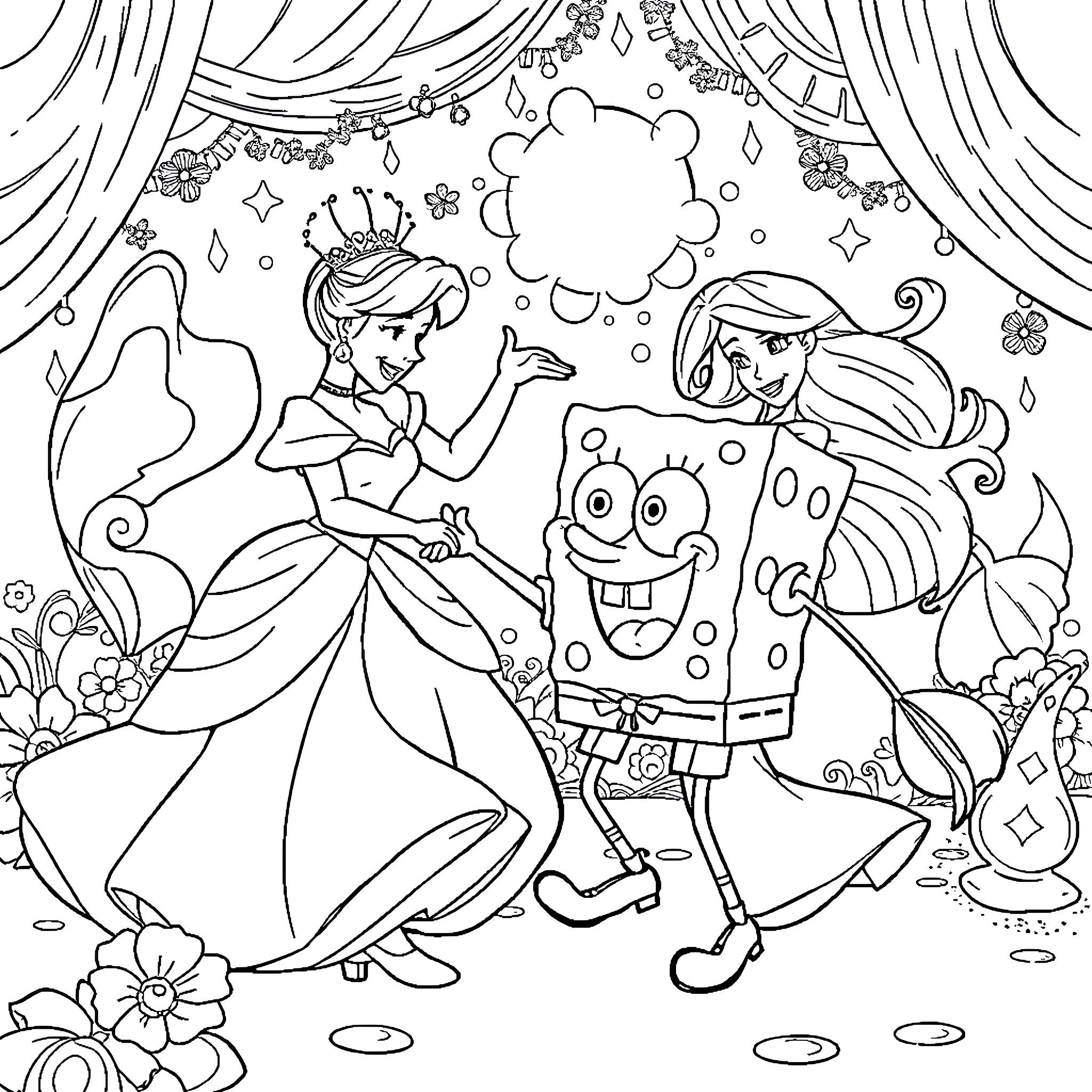 Princess Meets Cheerful Cartoon Character Coloring Page (free black-and-white line drawing printable PDF for all, from beginners to advanced learners, including children, teens, adults, and seniors)