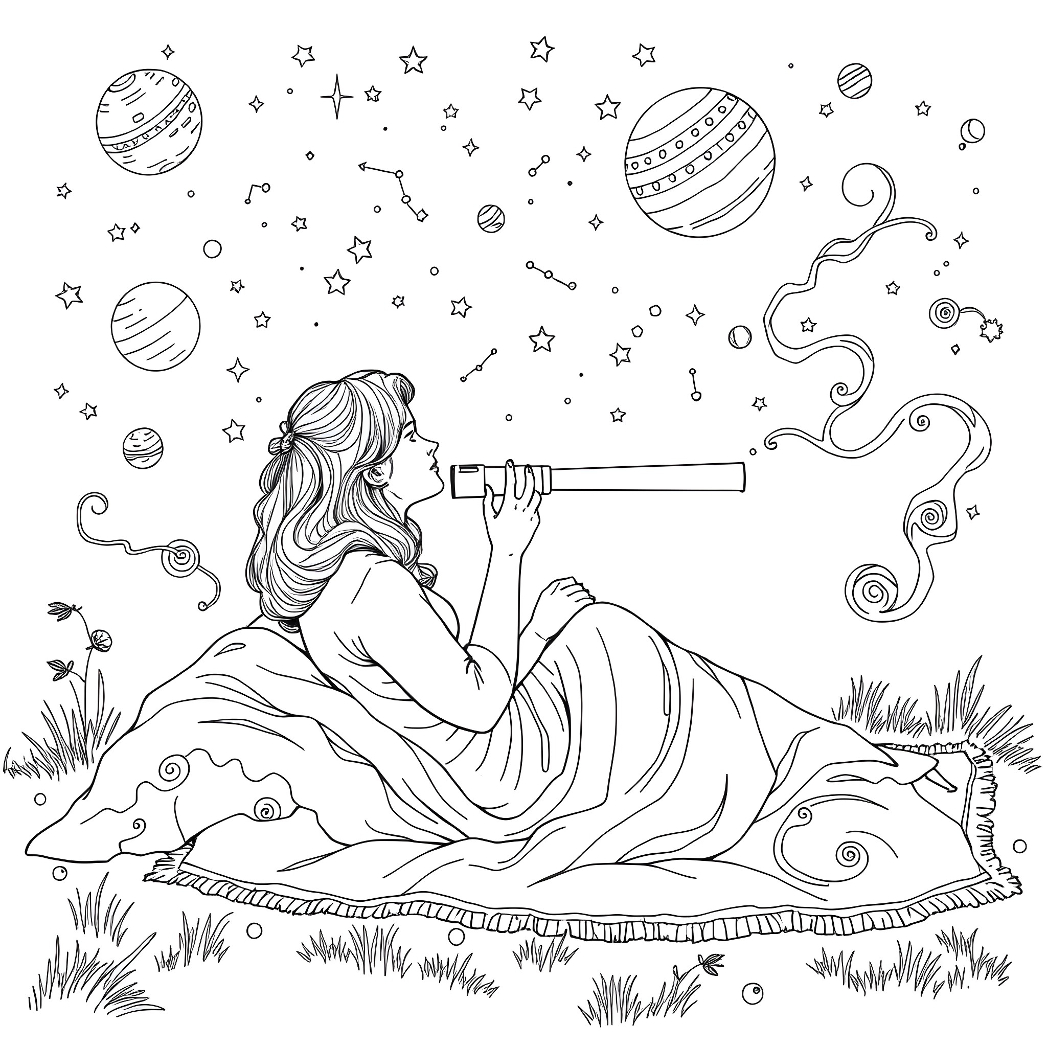 Woman gazing at the starry night sky through a telescope Coloring Page (free black-and-white line drawing printable PDF for all, from beginners to advanced learners, including children, teens, adults, and seniors)