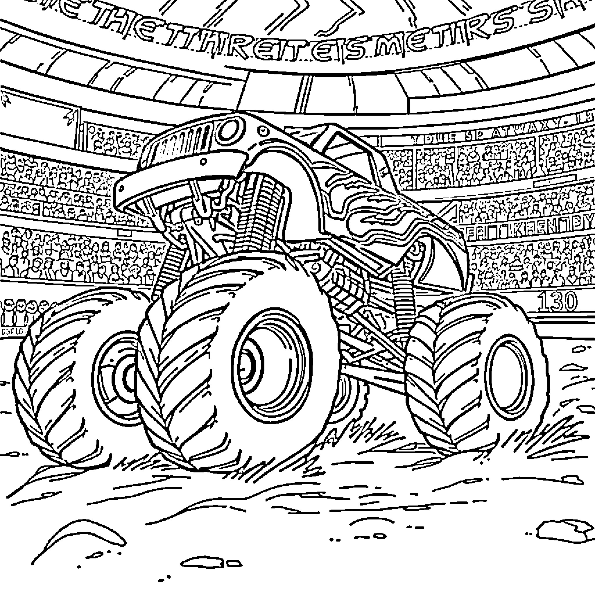 Monster Truck Crushing Cars in Arena Coloring Page (free black-and-white line drawing printable PDF for all, from beginners to advanced learners, including children, teens, adults, and seniors)