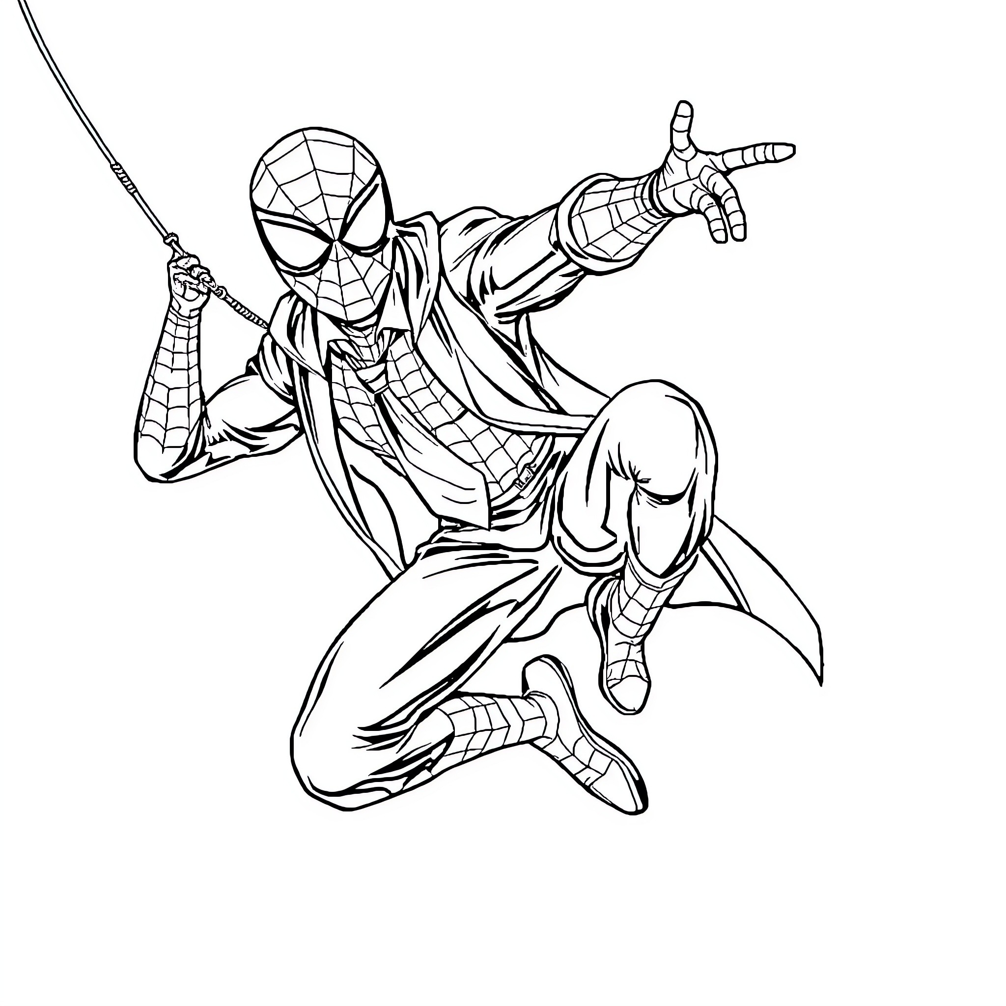 Spider-Man swinging into action with heroic pose Coloring Page (free black-and-white line drawing printable PDF for all, from beginners to advanced learners, including children, teens, adults, and seniors)