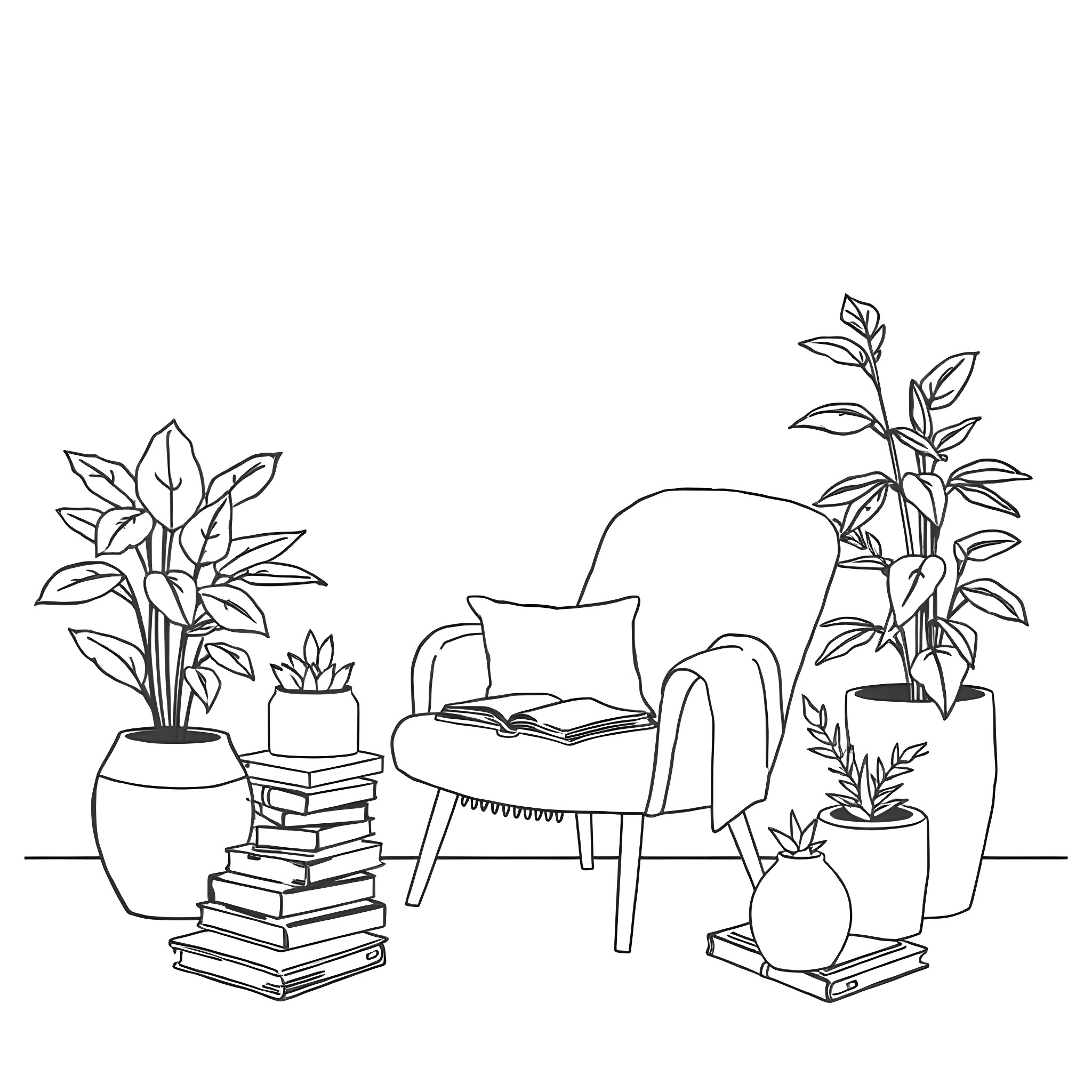 Mental Health Sanctuary with Potted Plants and Books Coloring Page (free black-and-white line drawing printable PDF for all, from beginners to advanced learners, including children, teens, adults, and seniors)