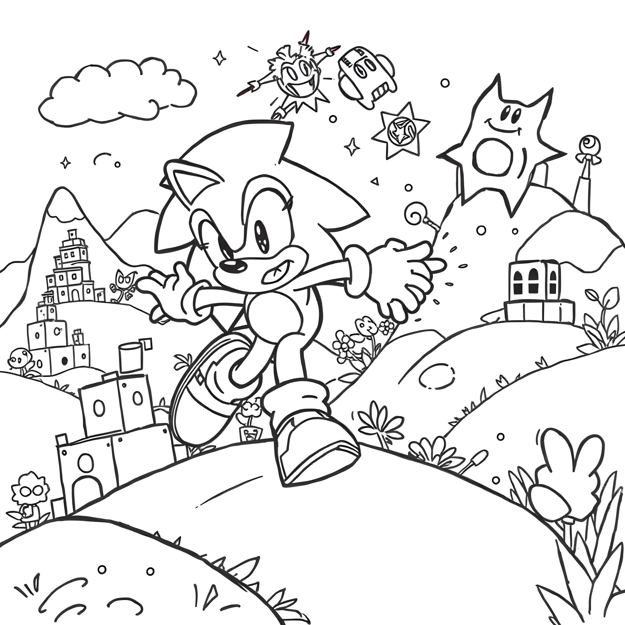 Sonic's Adventurous Journey through the Vibrant Landscape Coloring Page (free black-and-white line drawing printable PDF for all, from beginners to advanced learners, including children, teens, adults, and seniors)