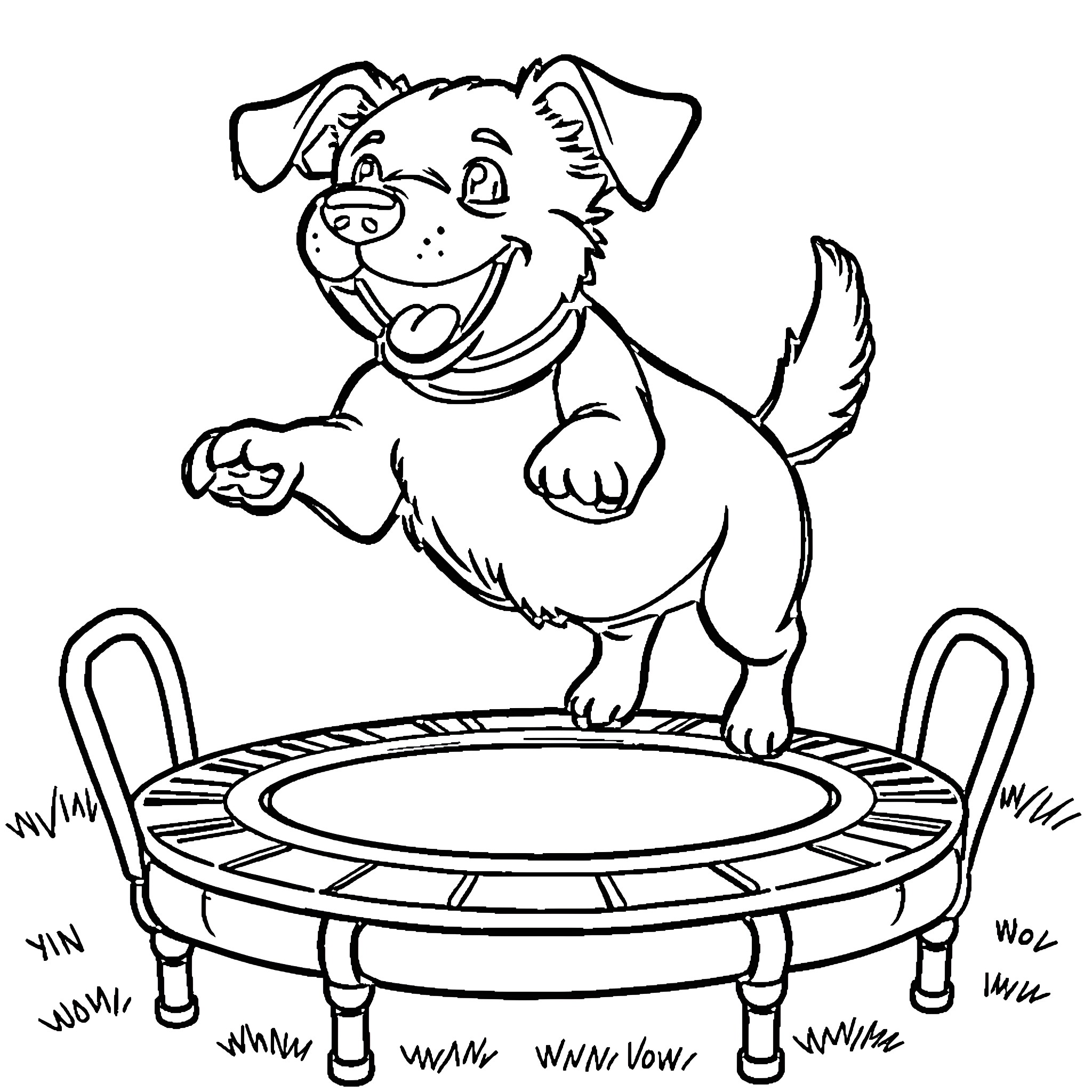 Dog jumping excitedly on trampoline Coloring Page (free black-and-white line drawing printable PDF for all, from beginners to advanced learners, including children, teens, adults, and seniors)