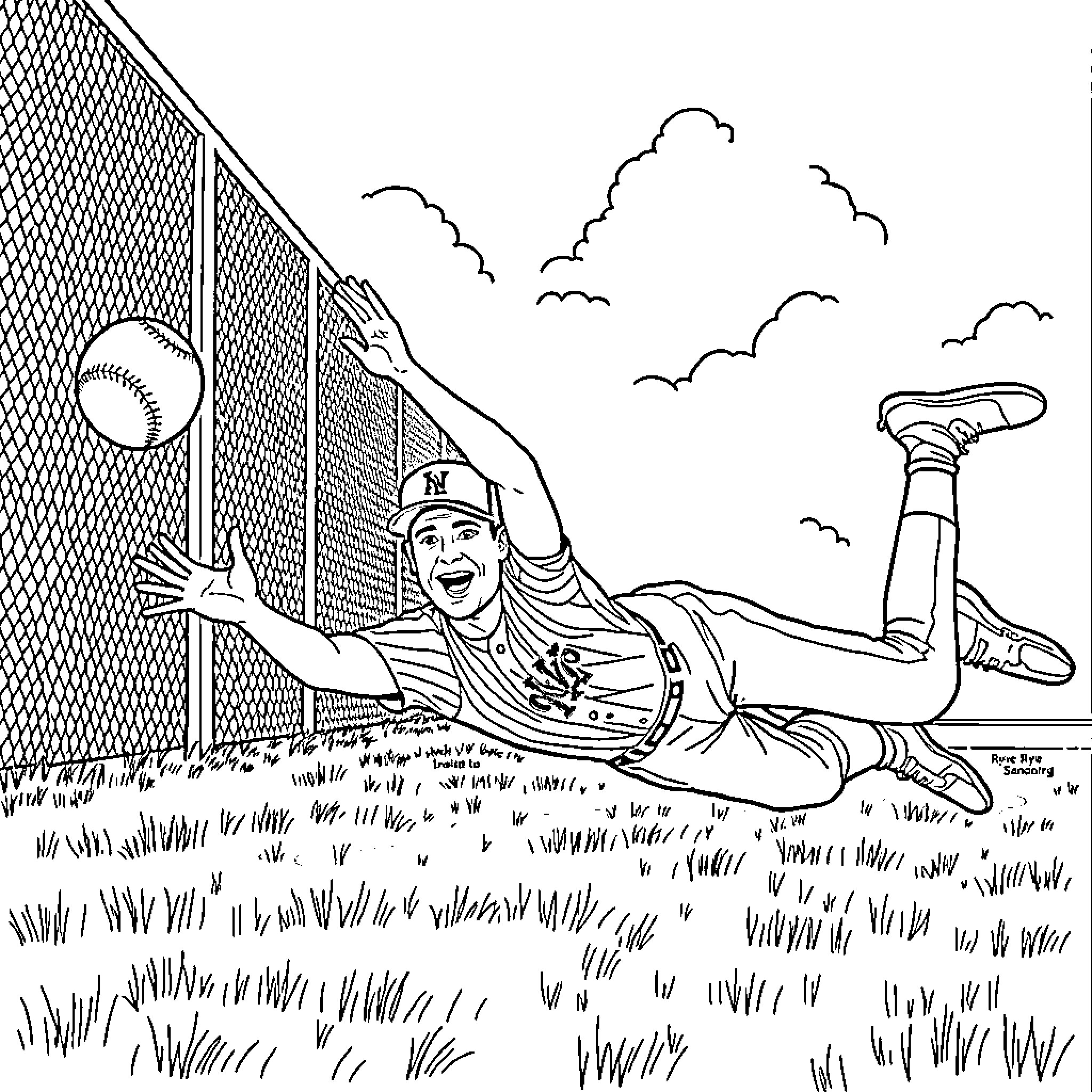 Ryne Sandberg diving for a baseball catch on the field Coloring Page (free black-and-white line drawing printable PDF for all, from beginners to advanced learners, including children, teens, adults, and seniors)