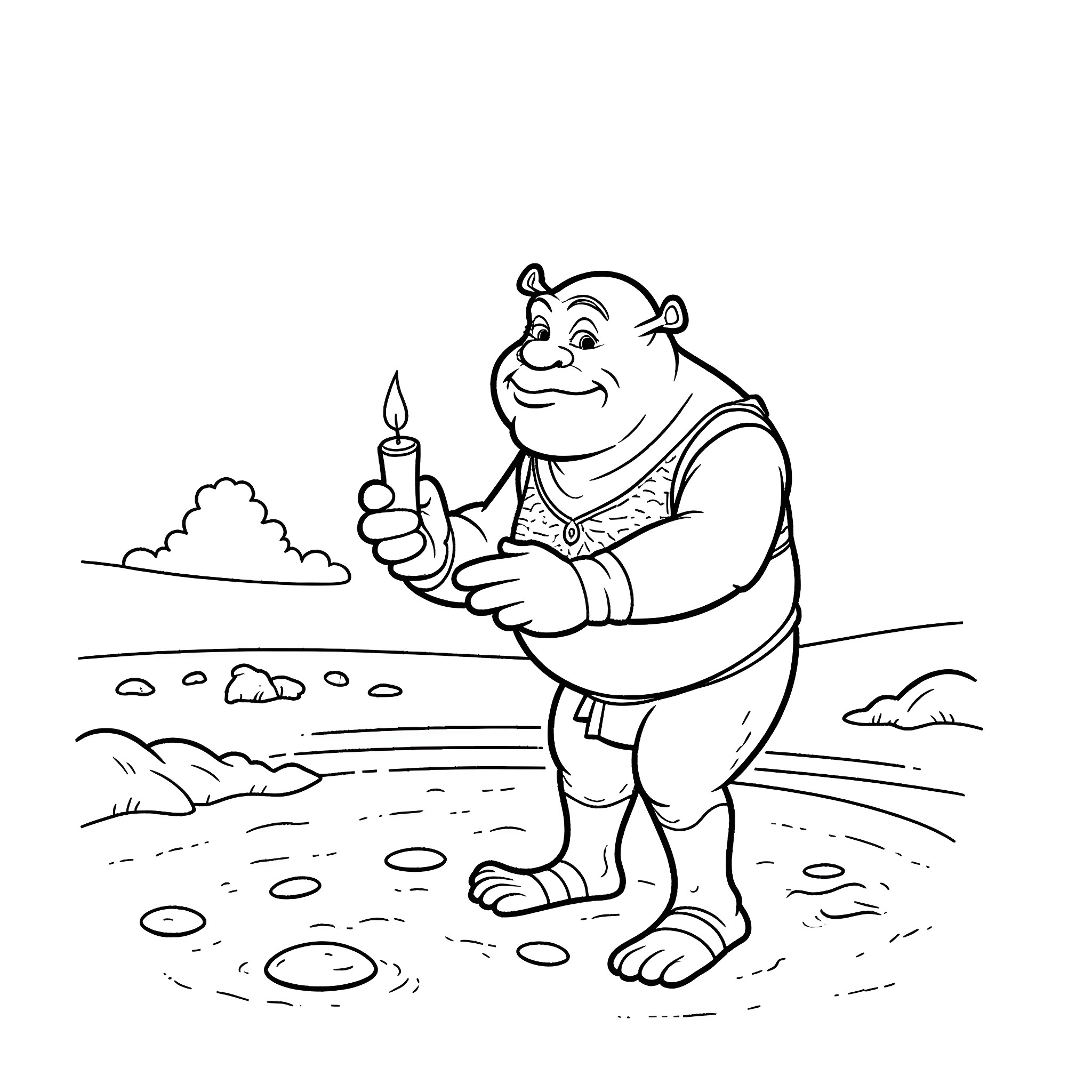 Shrek holding a lit candle in the countryside Coloring Page (free black-and-white line drawing printable PDF for all, from beginners to advanced learners, including children, teens, adults, and seniors)