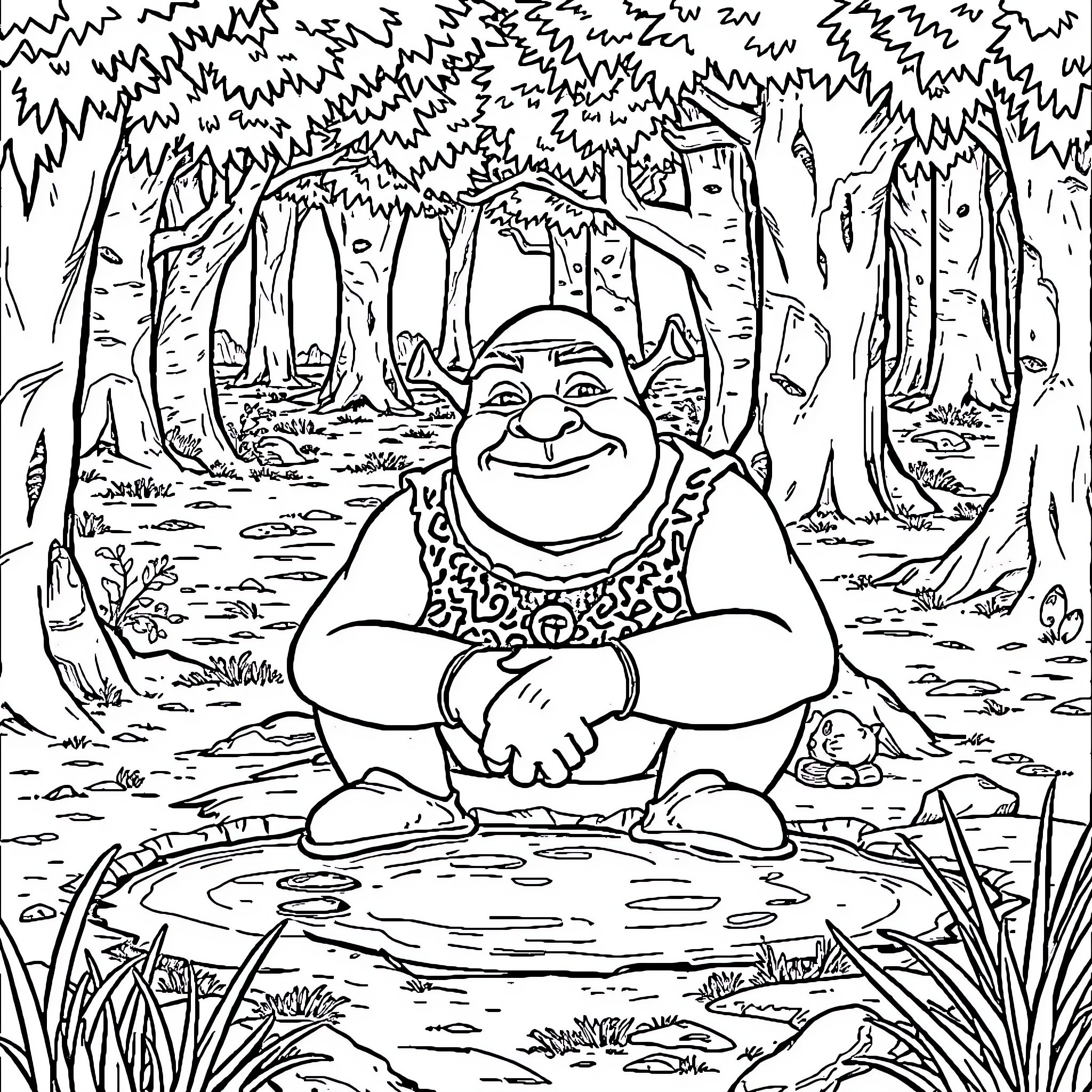 Shrek relaxing in the enchanted forest Coloring Page (free black-and-white line drawing printable PDF for all, from beginners to advanced learners, including children, teens, adults, and seniors)
