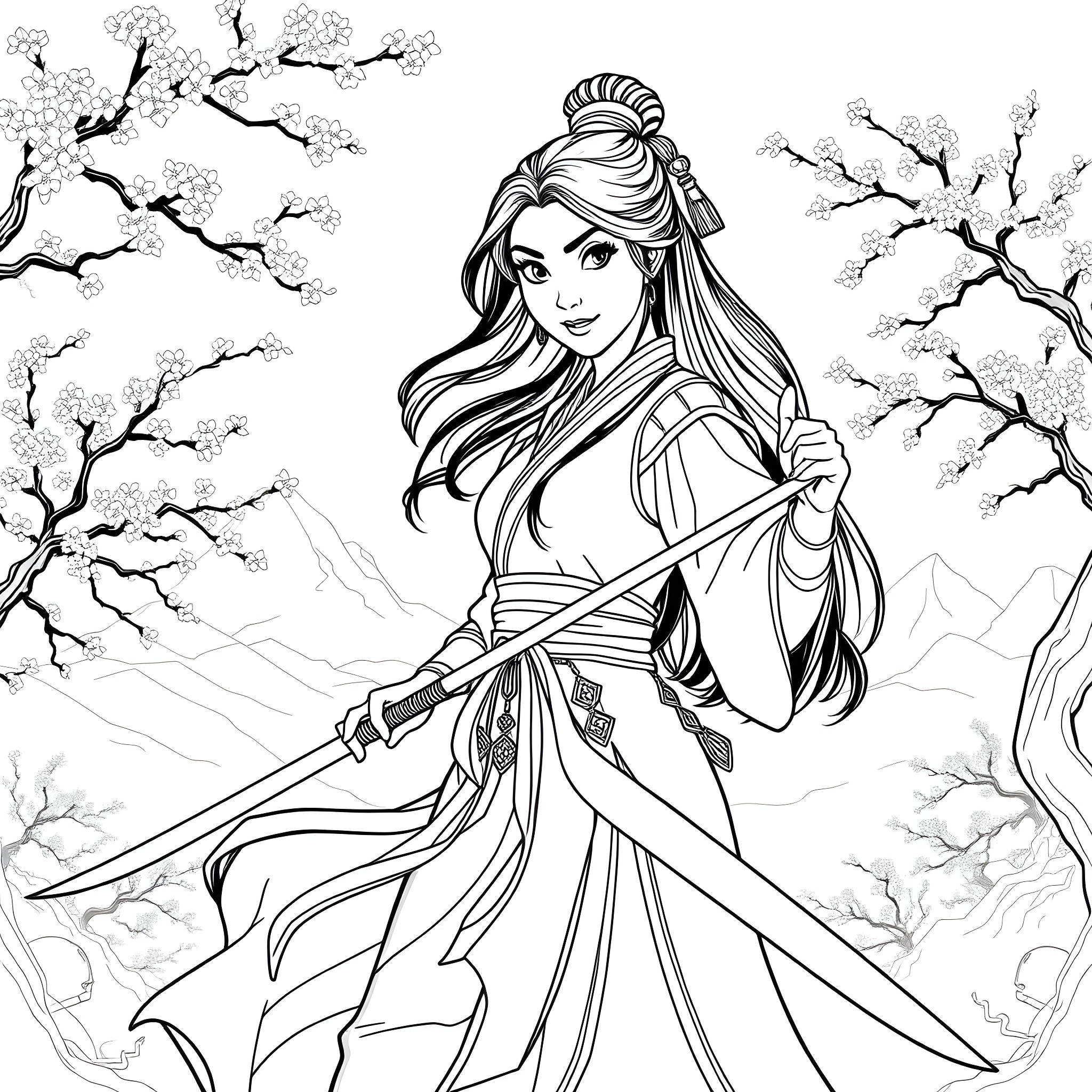 Mulan in Warrior Attire Amid Cherry Blossoms Coloring Page (free black-and-white line drawing printable PDF for all, from beginners to advanced learners, including children, teens, adults, and seniors)