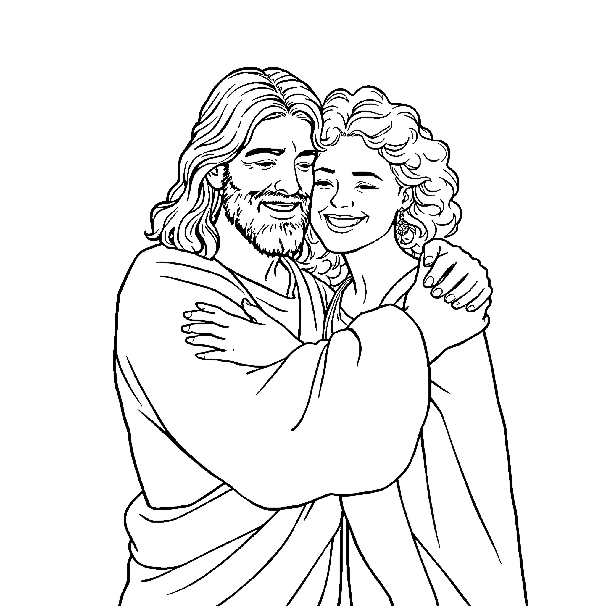 Jesus embracing and comforting a woman Coloring Page (free black-and-white line drawing printable PDF for all, from beginners to advanced learners, including children, teens, adults, and seniors)