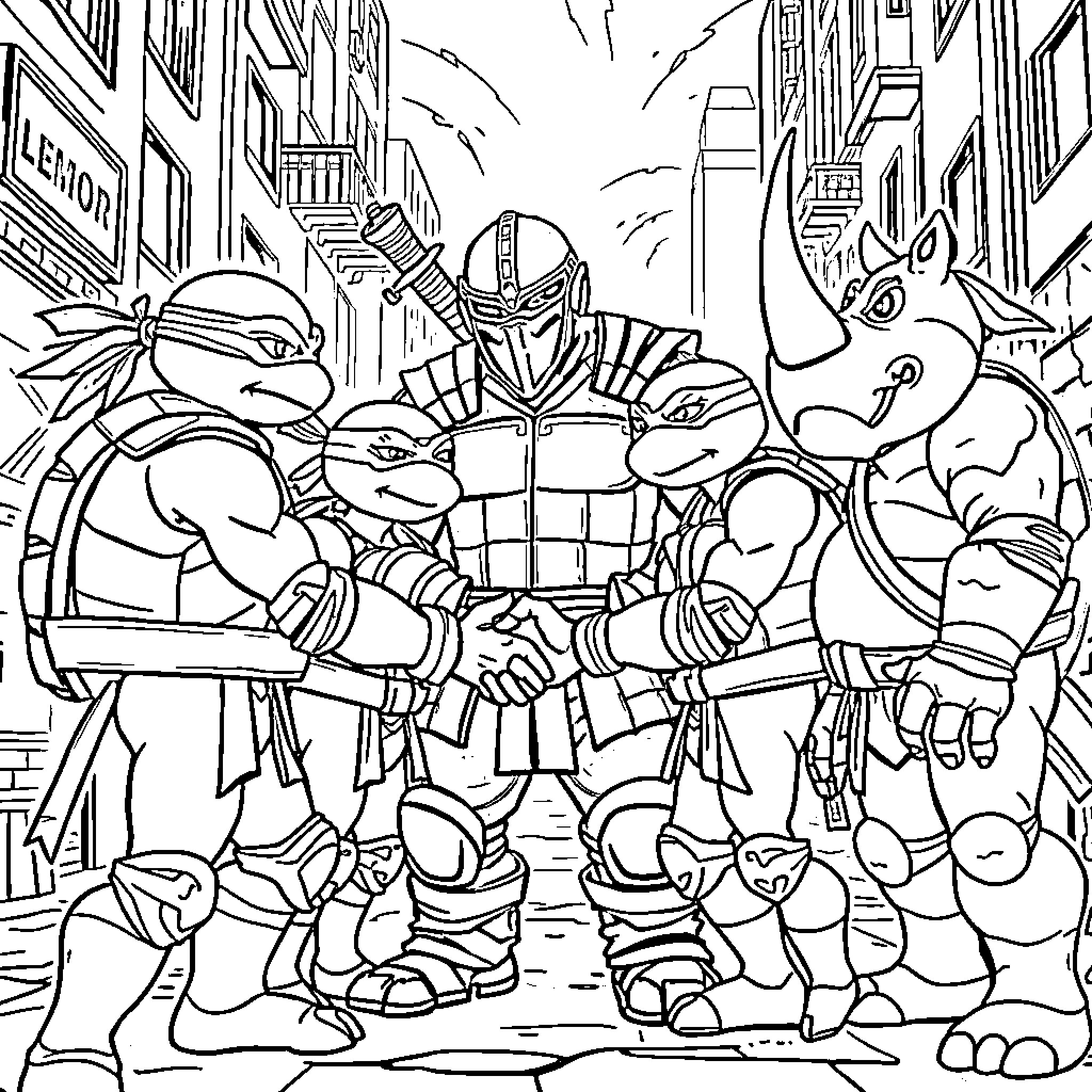 Ninja Turtles in Action-Packed Urban Adventure Coloring Page (free black-and-white line drawing printable PDF for all, from beginners to advanced learners, including children, teens, adults, and seniors)