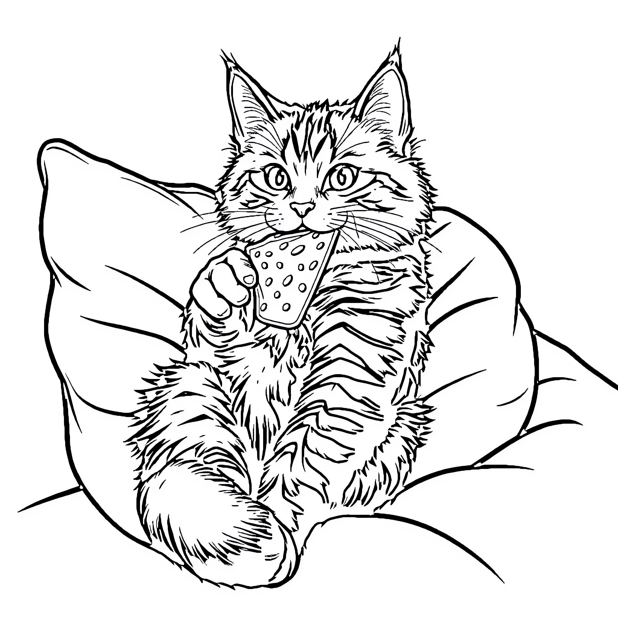 Cat resting comfortably on a pillow Coloring Page (free black-and-white line drawing printable PDF for all, from beginners to advanced learners, including children, teens, adults, and seniors)