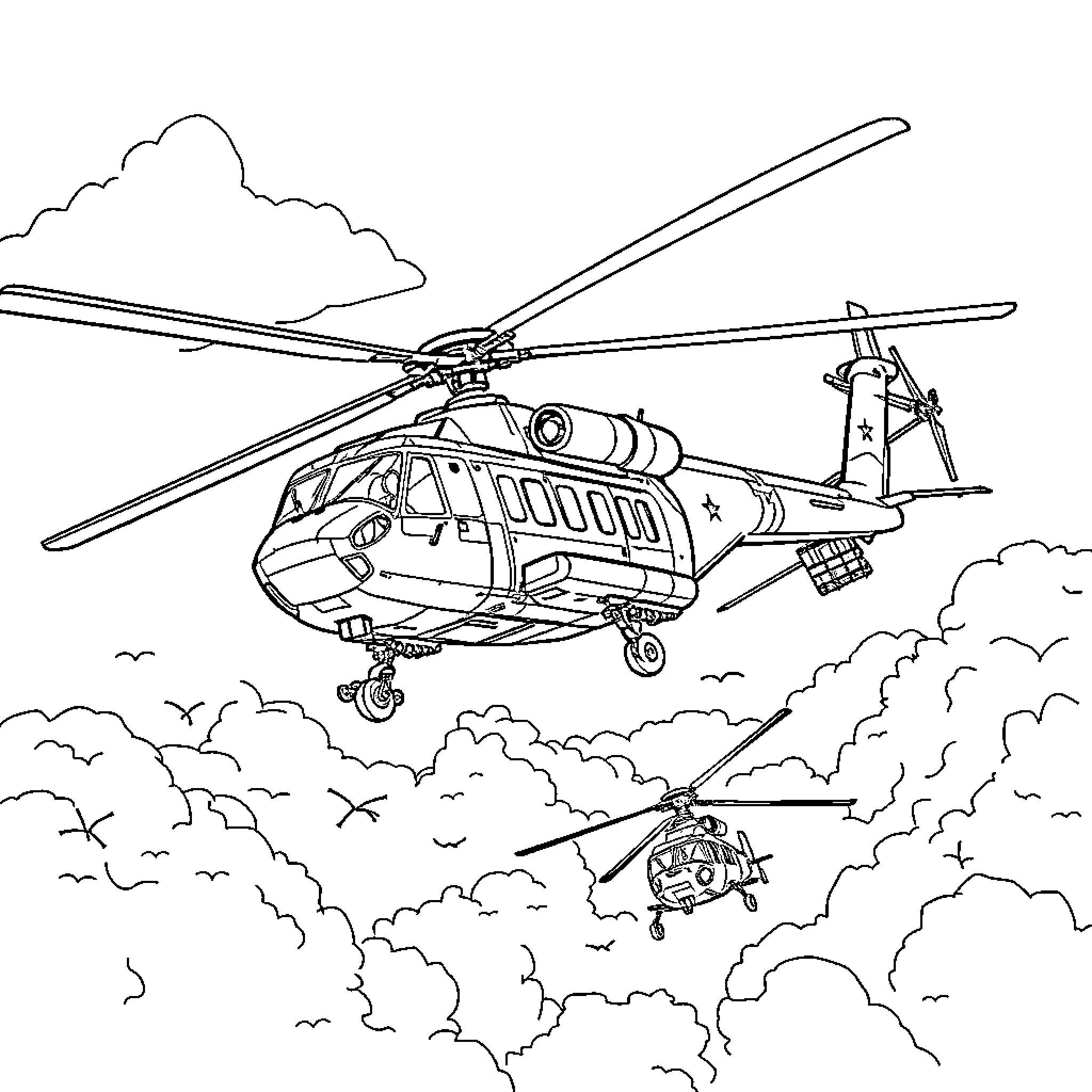 Helicopter soaring through the cloudy sky Coloring Page (free black-and-white line drawing printable PDF for all, from beginners to advanced learners, including children, teens, adults, and seniors)