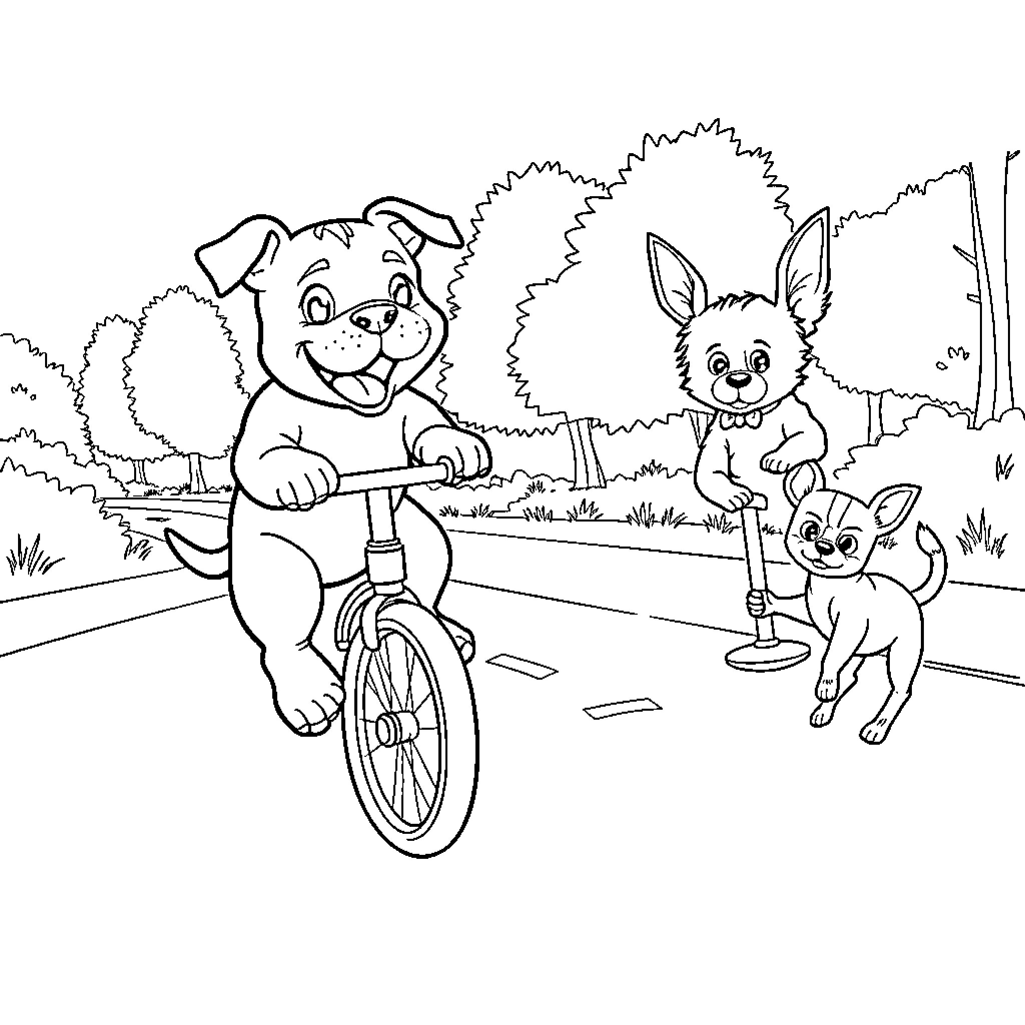 Pitbull enjoying a bicycle ride with friends Coloring Page (free black-and-white line drawing printable PDF for all, from beginners to advanced learners, including children, teens, adults, and seniors)