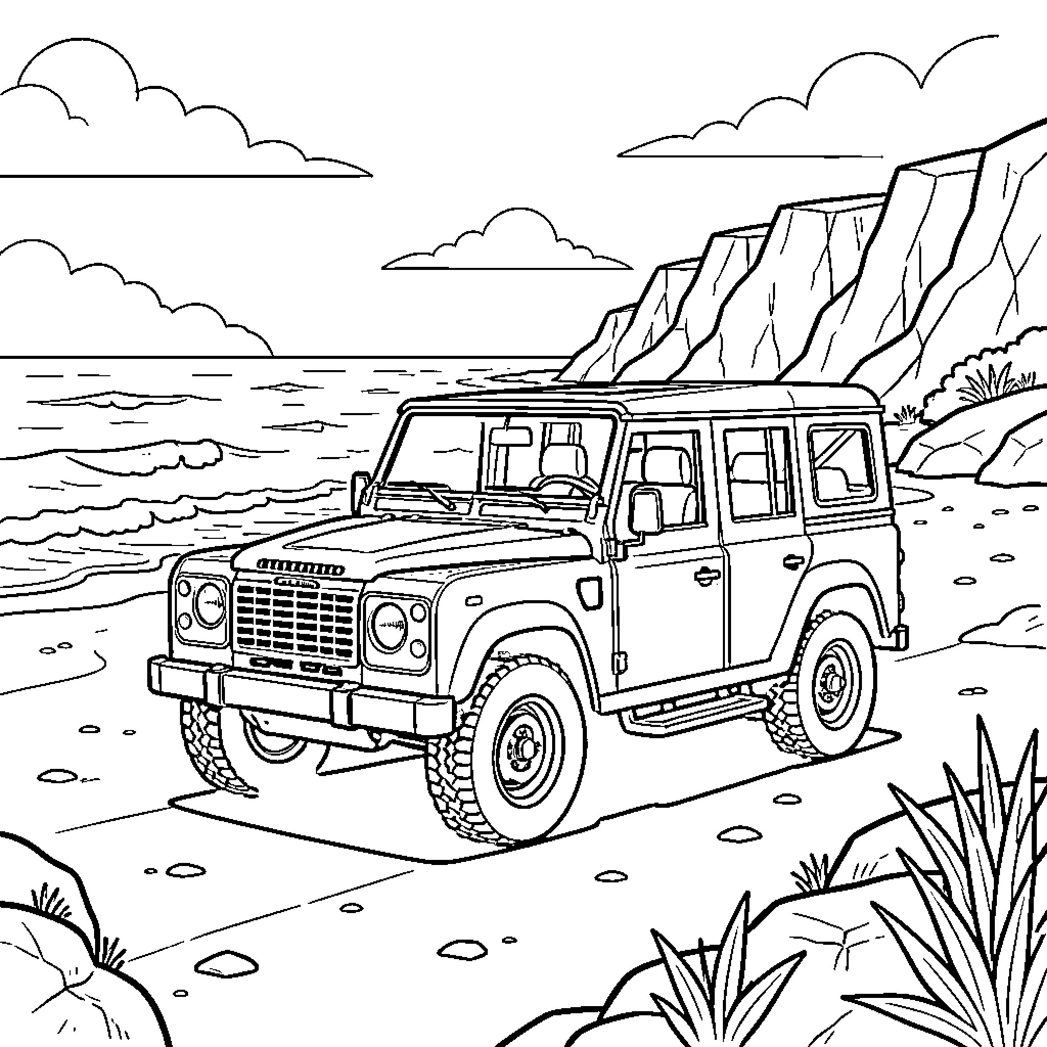 4 x 4 vehicle parked on a scenic beach Coloring Page (free black-and-white line drawing printable PDF for all, from beginners to advanced learners, including children, teens, adults, and seniors)