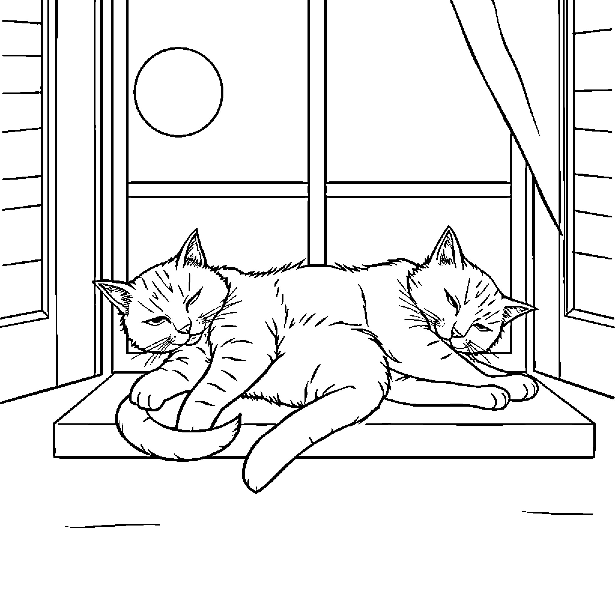 Cat Sleeping Peacefully by the Window Coloring Page (free black-and-white line drawing printable PDF for all, from beginners to advanced learners, including children, teens, adults, and seniors)