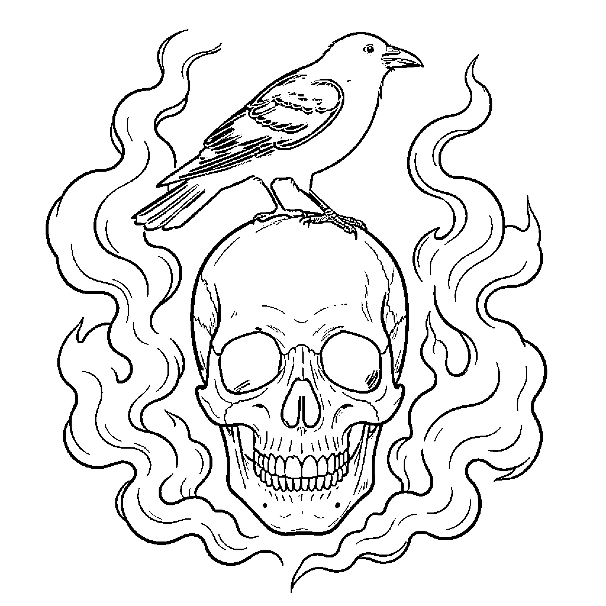 Skull with Smoking Bird Perched Above Coloring Page (free black-and-white line drawing printable PDF for all, from beginners to advanced learners, including children, teens, adults, and seniors)