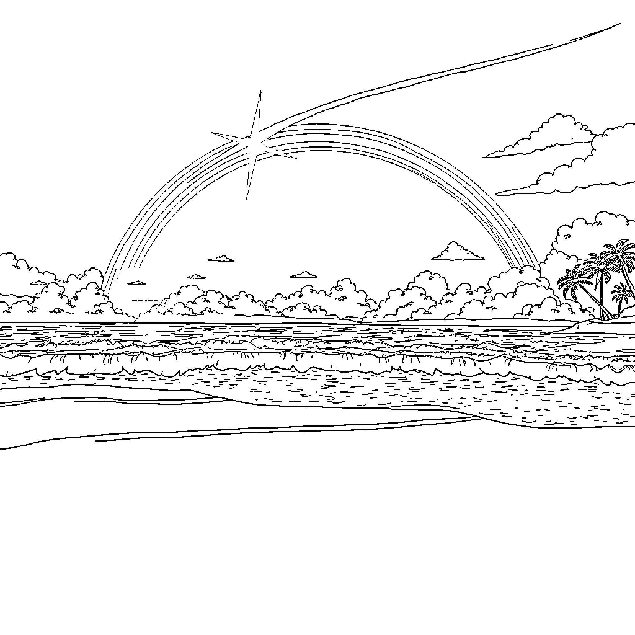 Rainbow-Colored Sky Illuminates Serene Coastal Scene Coloring Page (free black-and-white line drawing printable PDF for all, from beginners to advanced learners, including children, teens, adults, and seniors)