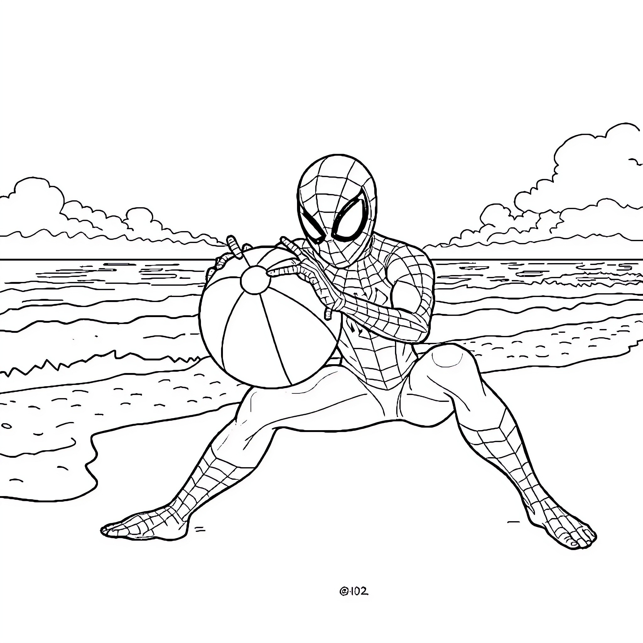 Spiderman playing on the beach with a ball Coloring Page (free black-and-white line drawing printable PDF for all, from beginners to advanced learners, including children, teens, adults, and seniors)