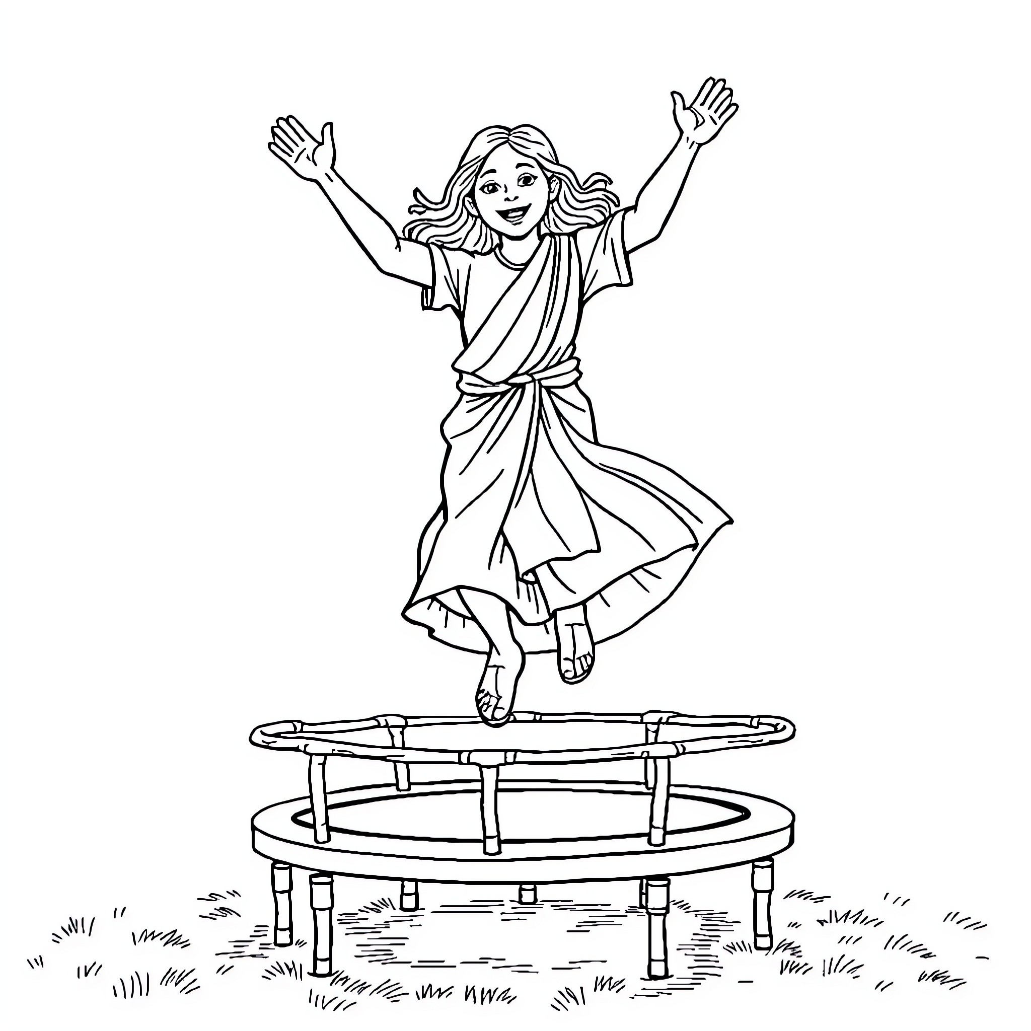 Jesus joyfully dancing on a trampoline Coloring Page (free black-and-white line drawing printable PDF for all, from beginners to advanced learners, including children, teens, adults, and seniors)
