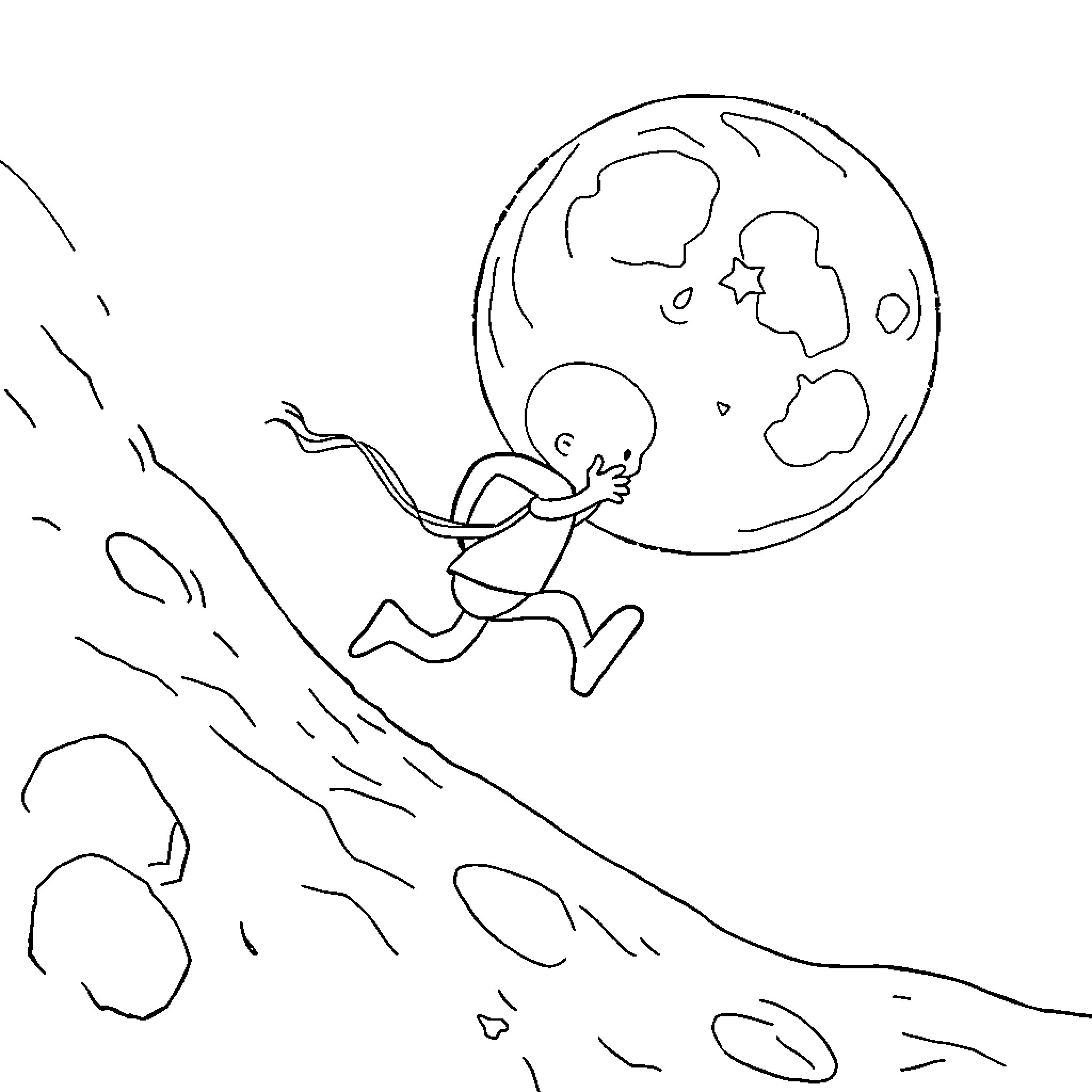 Sonik character running up a hill towards the moon Coloring Page (free black-and-white line drawing printable PDF for all, from beginners to advanced learners, including children, teens, adults, and seniors)