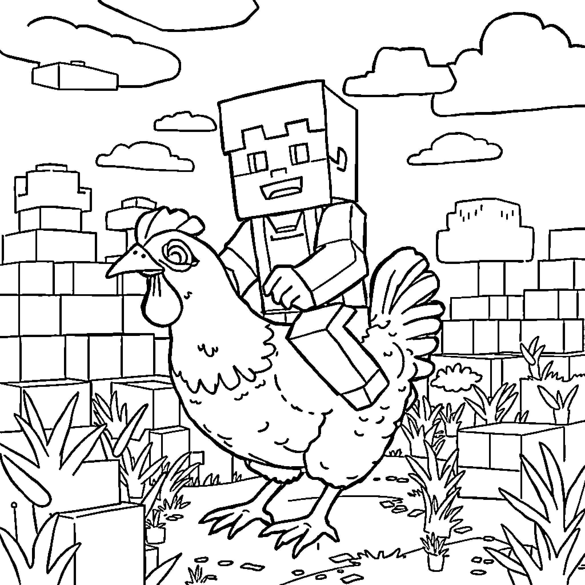 Steve's Farmyard Adventure with Chickens and Blocks Coloring Page (free black-and-white line drawing printable PDF for all, from beginners to advanced learners, including children, teens, adults, and seniors)