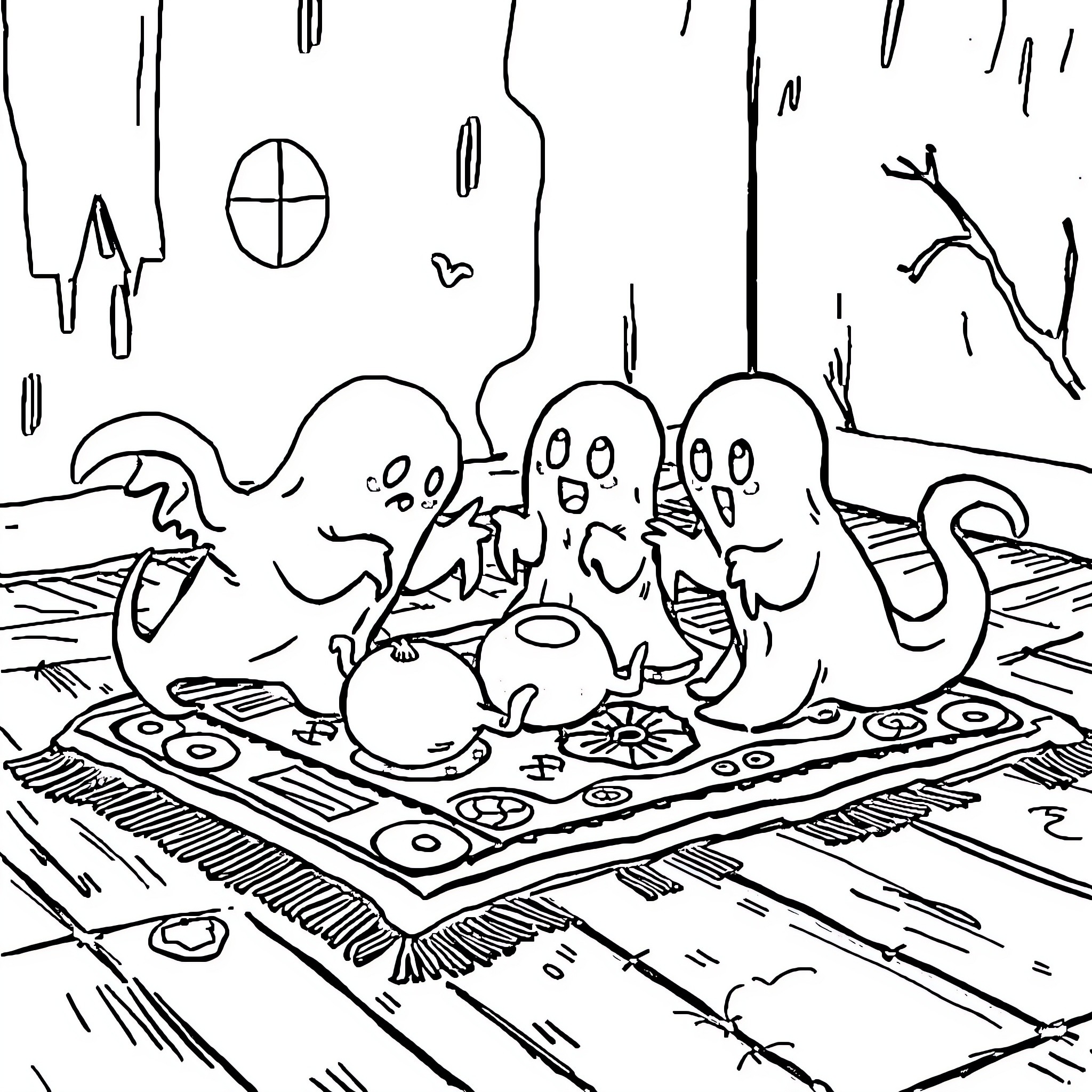 Ghost friends having a lively gathering Coloring Page (free black-and-white line drawing printable PDF for all, from beginners to advanced learners, including children, teens, adults, and seniors)