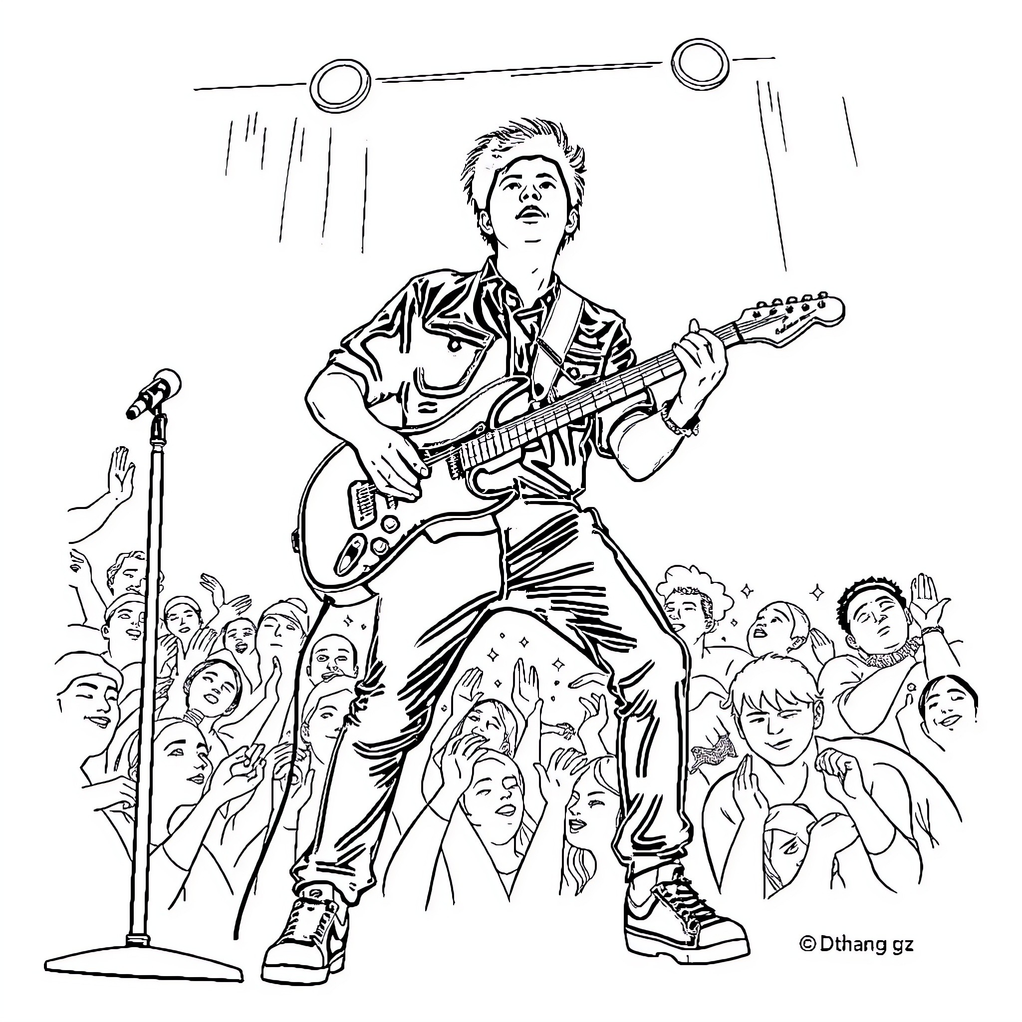 Dthang's electric guitar performance for an enthusiastic crowd Coloring Page (free black-and-white line drawing printable PDF for all, from beginners to advanced learners, including children, teens, adults, and seniors)