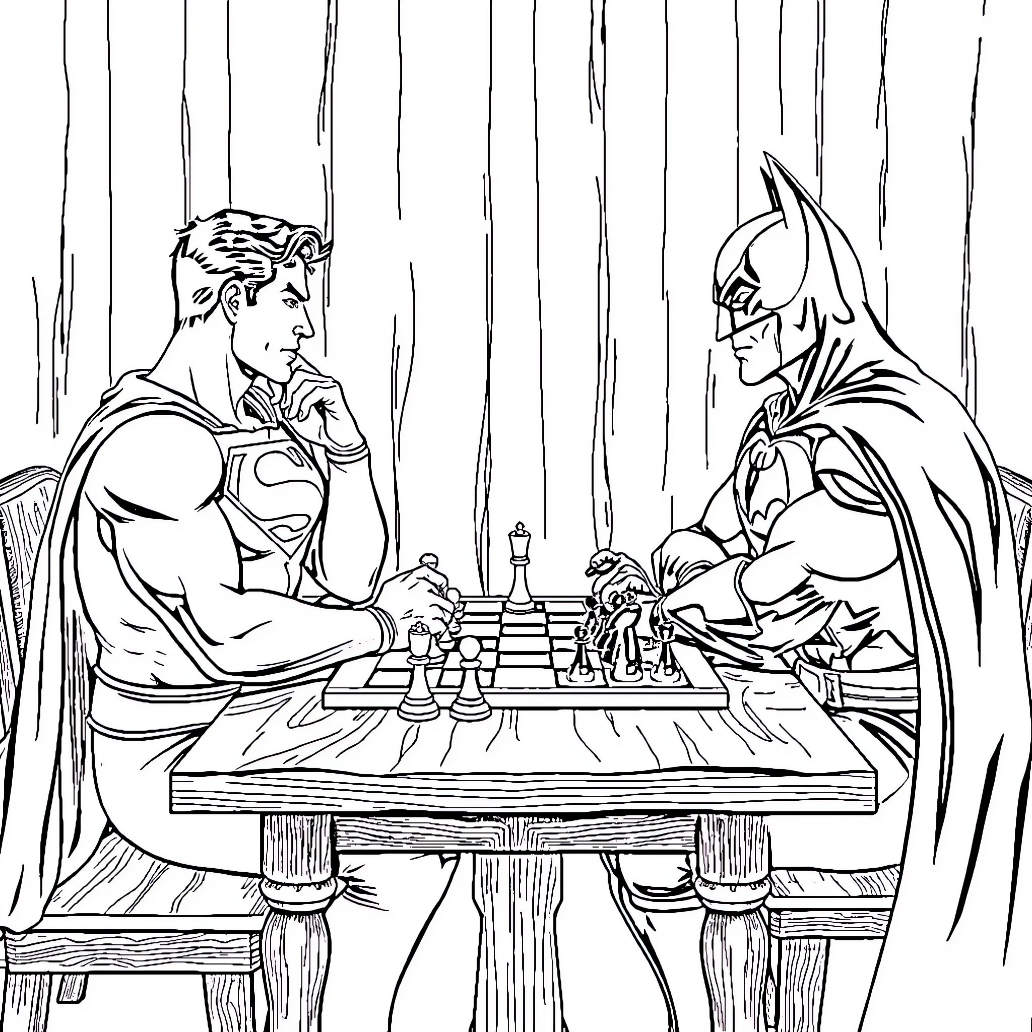 Superman and Batman engage in a chess match Coloring Page (free black-and-white line drawing printable PDF for all, from beginners to advanced learners, including children, teens, adults, and seniors)