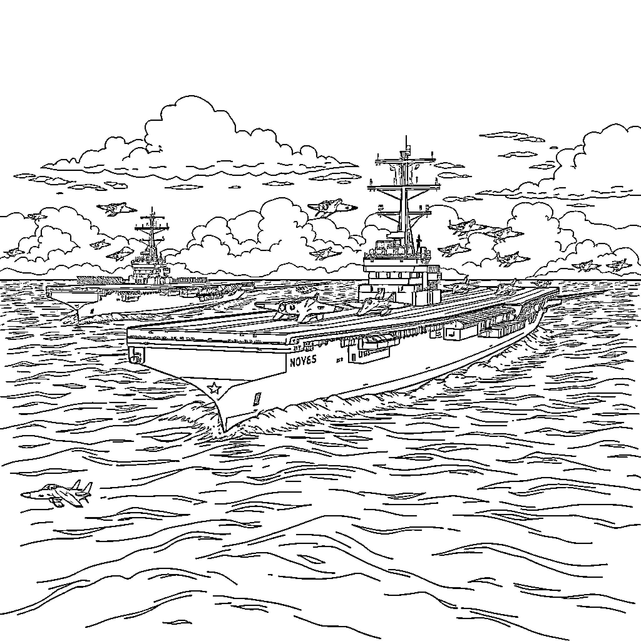 Aircraft Carrier sailing on the open sea Coloring Page (free black-and-white line drawing printable PDF for all, from beginners to advanced learners, including children, teens, adults, and seniors)