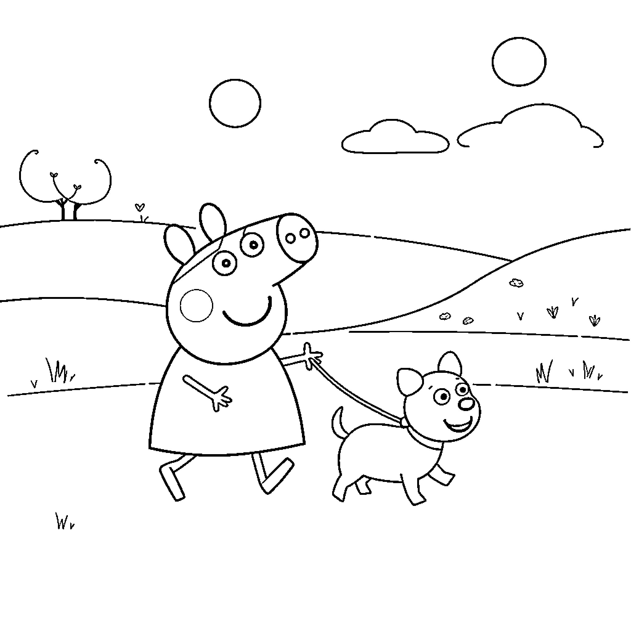 Peppa Pig enjoying a walk with her dog Coloring Page (free black-and-white line drawing printable PDF for all, from beginners to advanced learners, including children, teens, adults, and seniors)