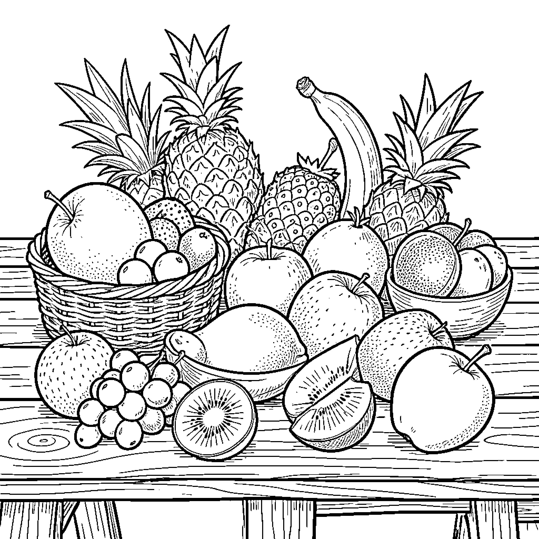 Fruit variety arranged in baskets on a wooden table Coloring Page (free black-and-white line drawing printable PDF for all, from beginners to advanced learners, including children, teens, adults, and seniors)